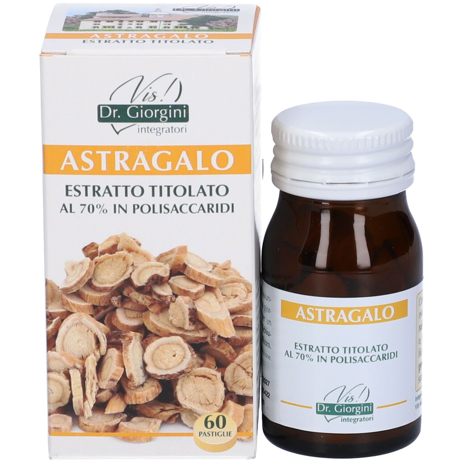 Confezione e flacone di Astragalo. Scritta: Astragalo, estratto titolato al 70% in polisaccaridi. Marchio: Dr. Giorgini.