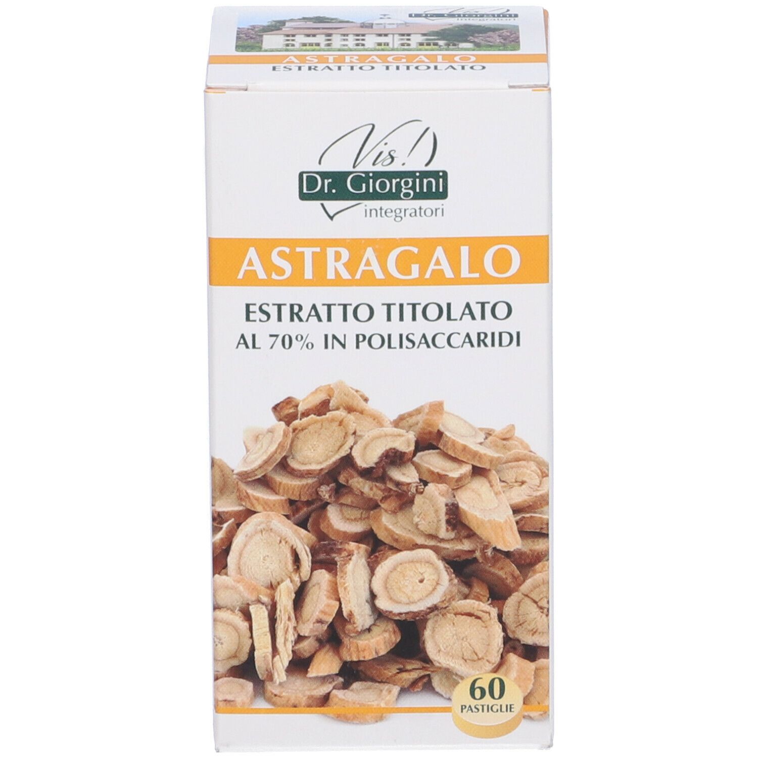 Confezione di Astragalo. Scritta: Astragalo, estratto titolato al 70% in polisaccaridi. 60 pastiglie.