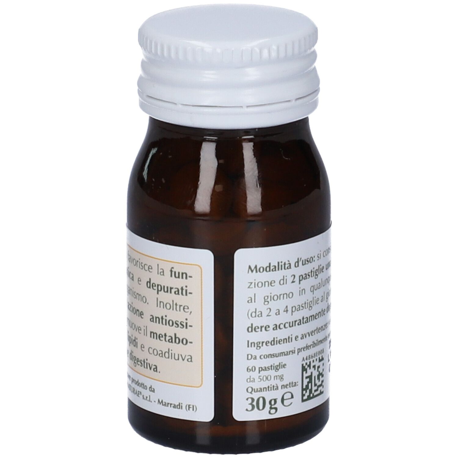Vista laterale di un flacone con etichetta indicante ingredienti e peso netto.