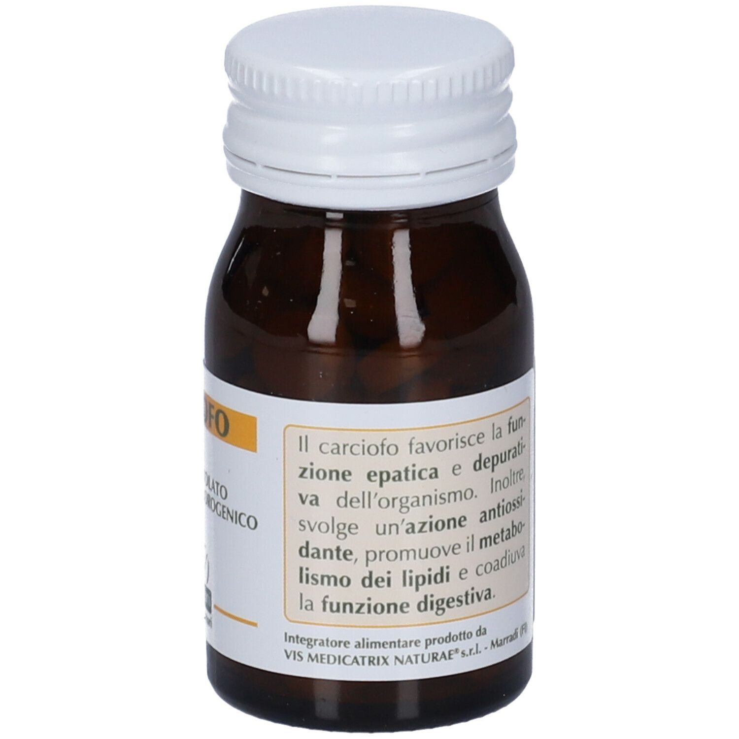 Flacone con etichetta che descrive i benefici dell'estratto di carciofo.