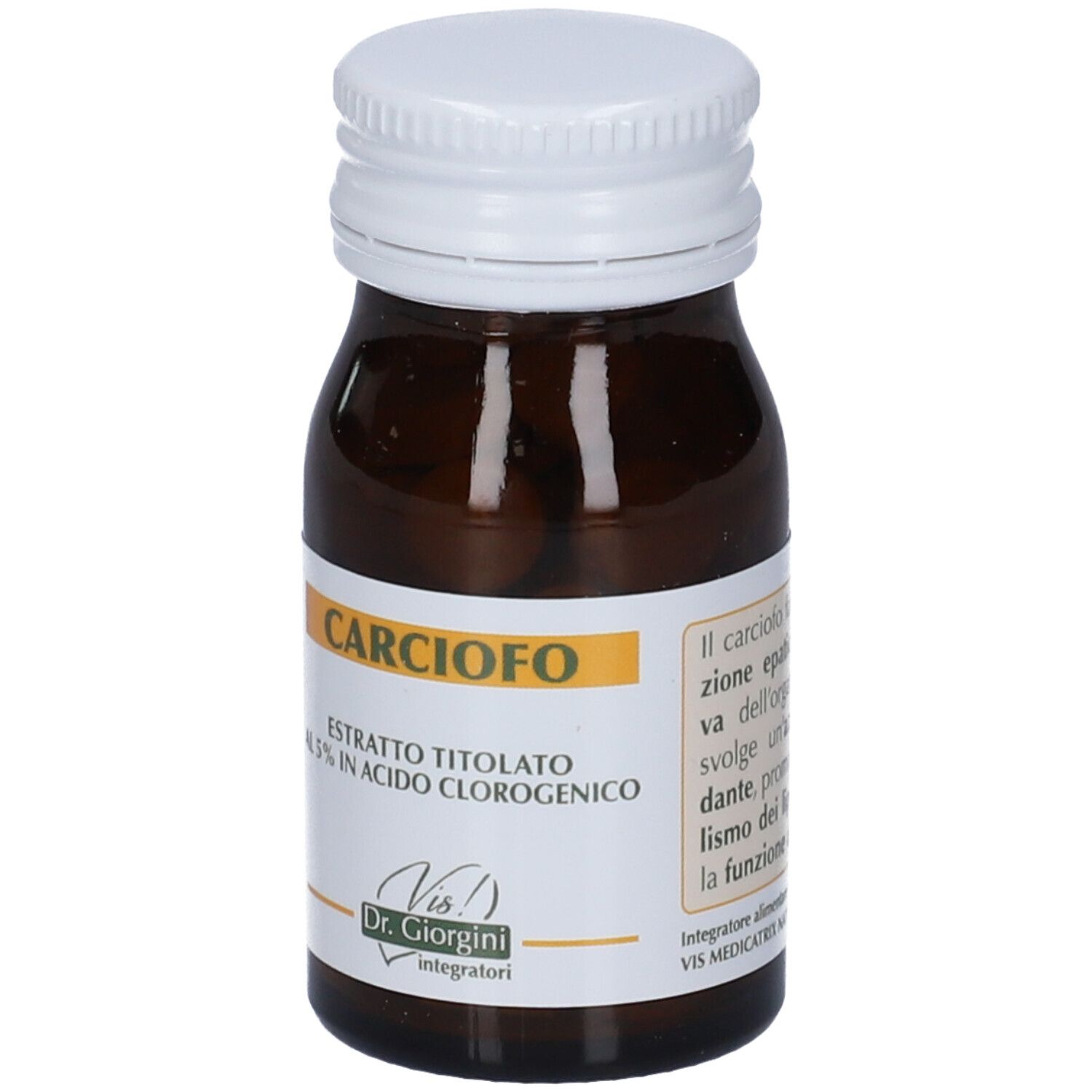 Flacone in vetro ambrato con tappo a vite bianco, etichetta "Carciofo Estratto Titolato".