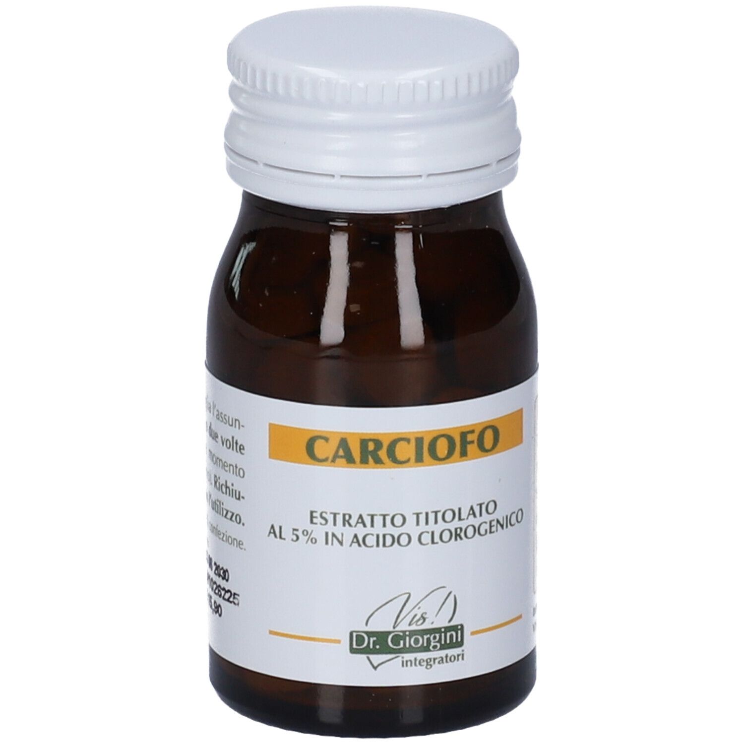 Flacone in vetro ambrato con tappo a vite bianco, etichetta "Carciofo Estratto Titolato".