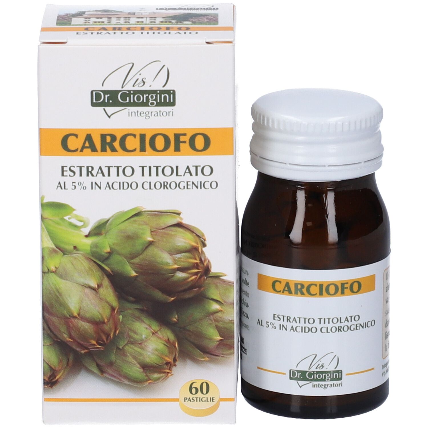 Confezione e flacone del prodotto "Carciofo Estratto Titolato" con immagine di carciofi.