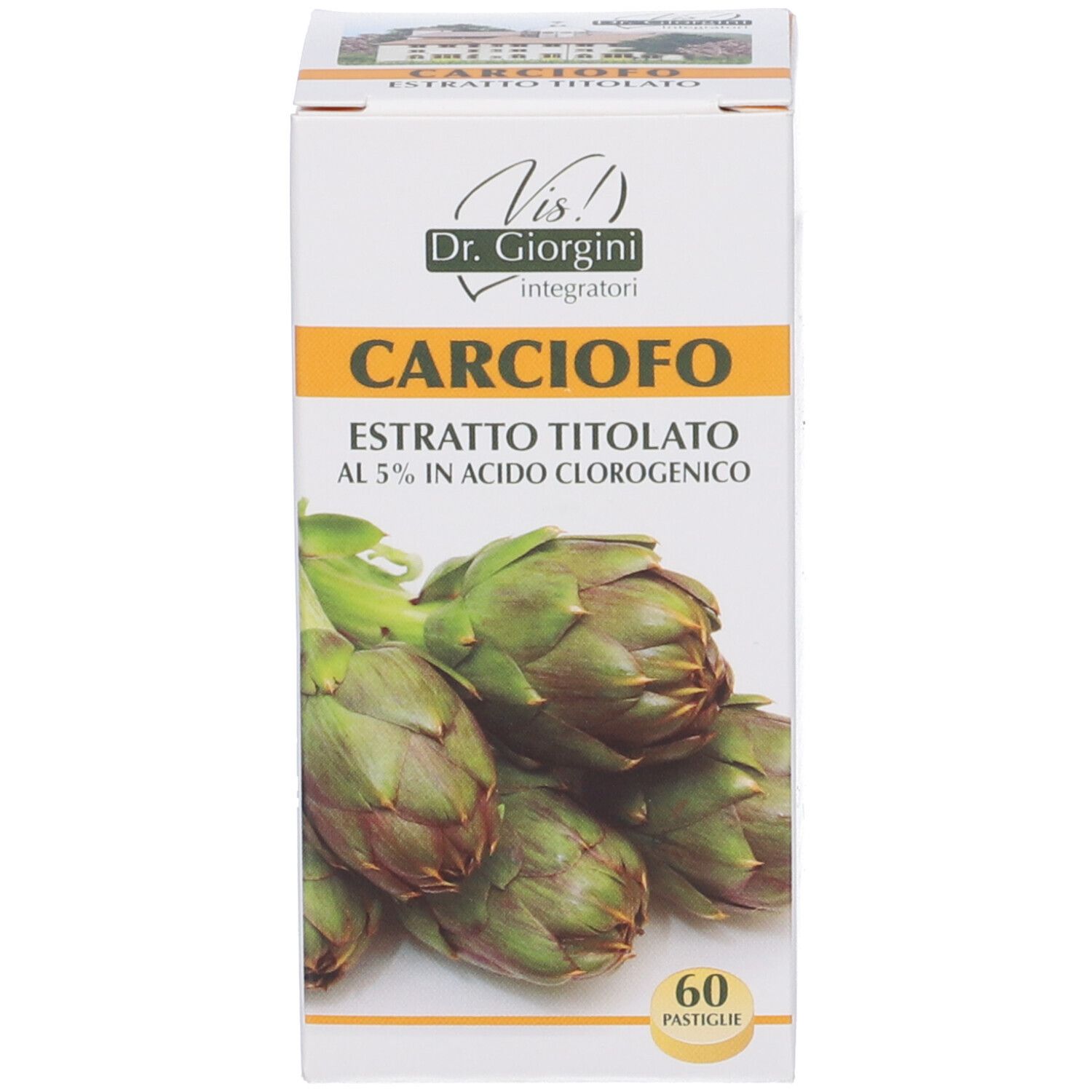 Confezione del prodotto "Carciofo Estratto Titolato" con immagine di carciofi e 60 pastiglie.