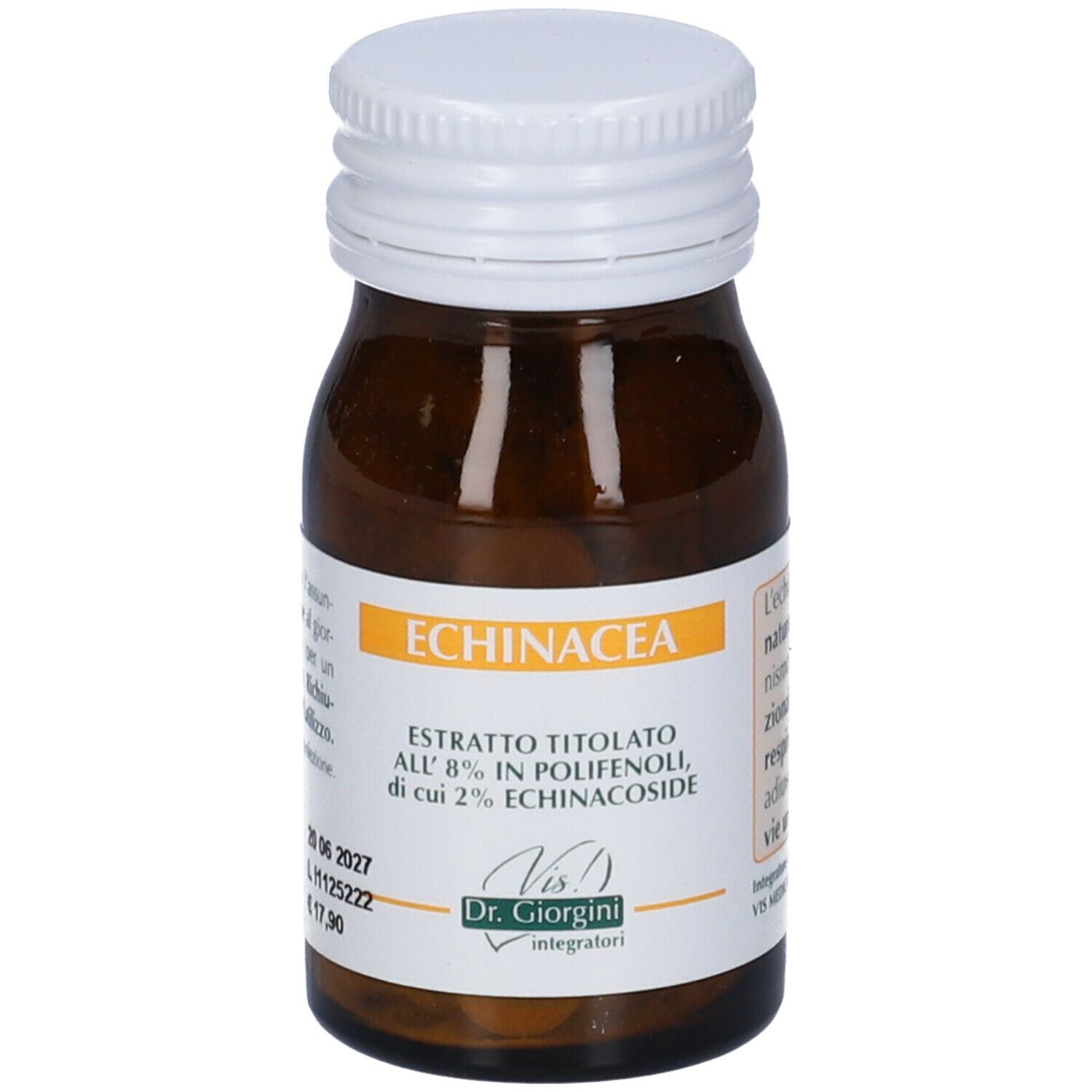 Flacone in vetro marrone con tappo bianco. Scritto: Echinacea, Estratto Titolato. Etichetta con informazioni e codice QR.