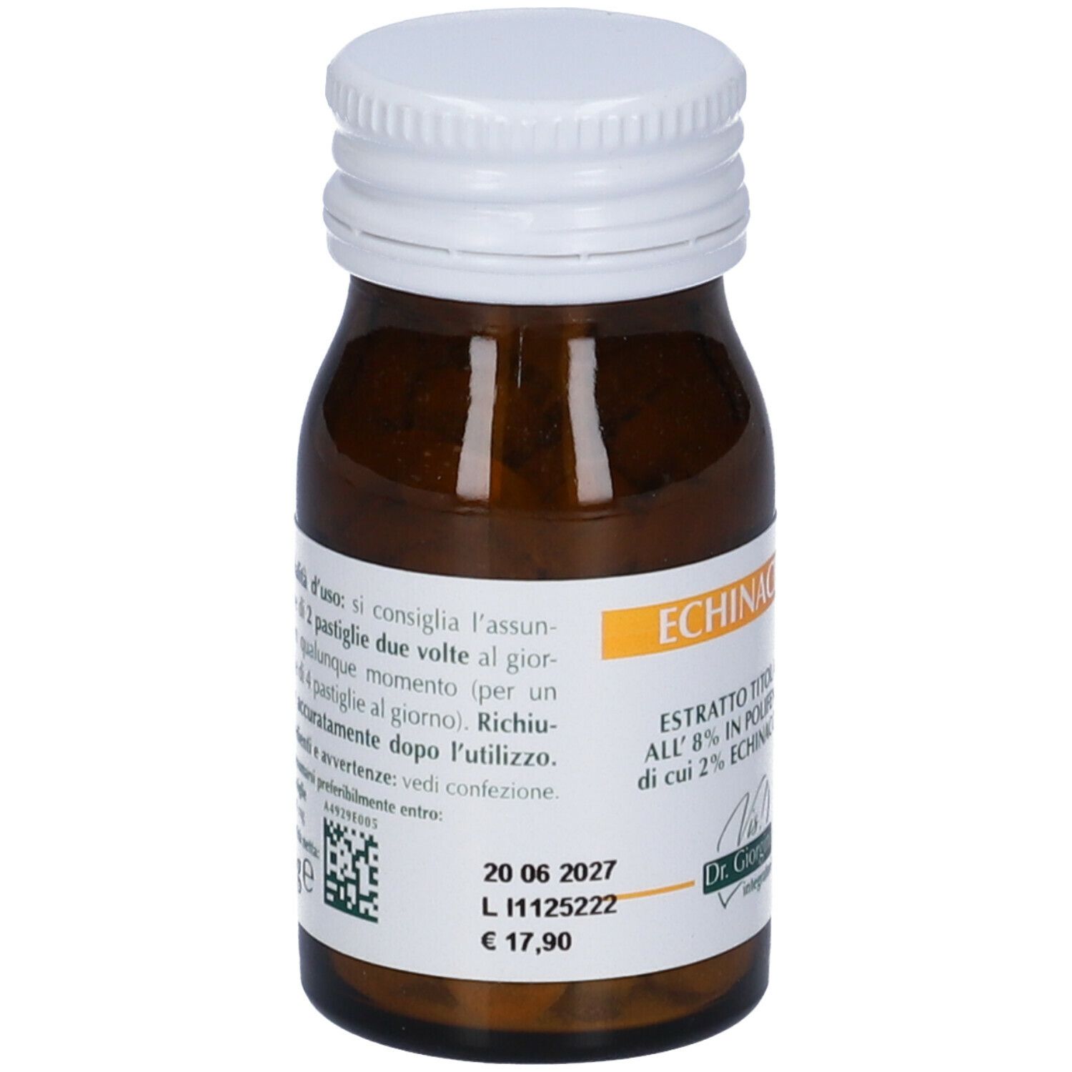 Flacone in vetro marrone con tappo bianco. Scritto: Echinacea, Estratto Titolato. Etichetta con informazioni e codice QR.