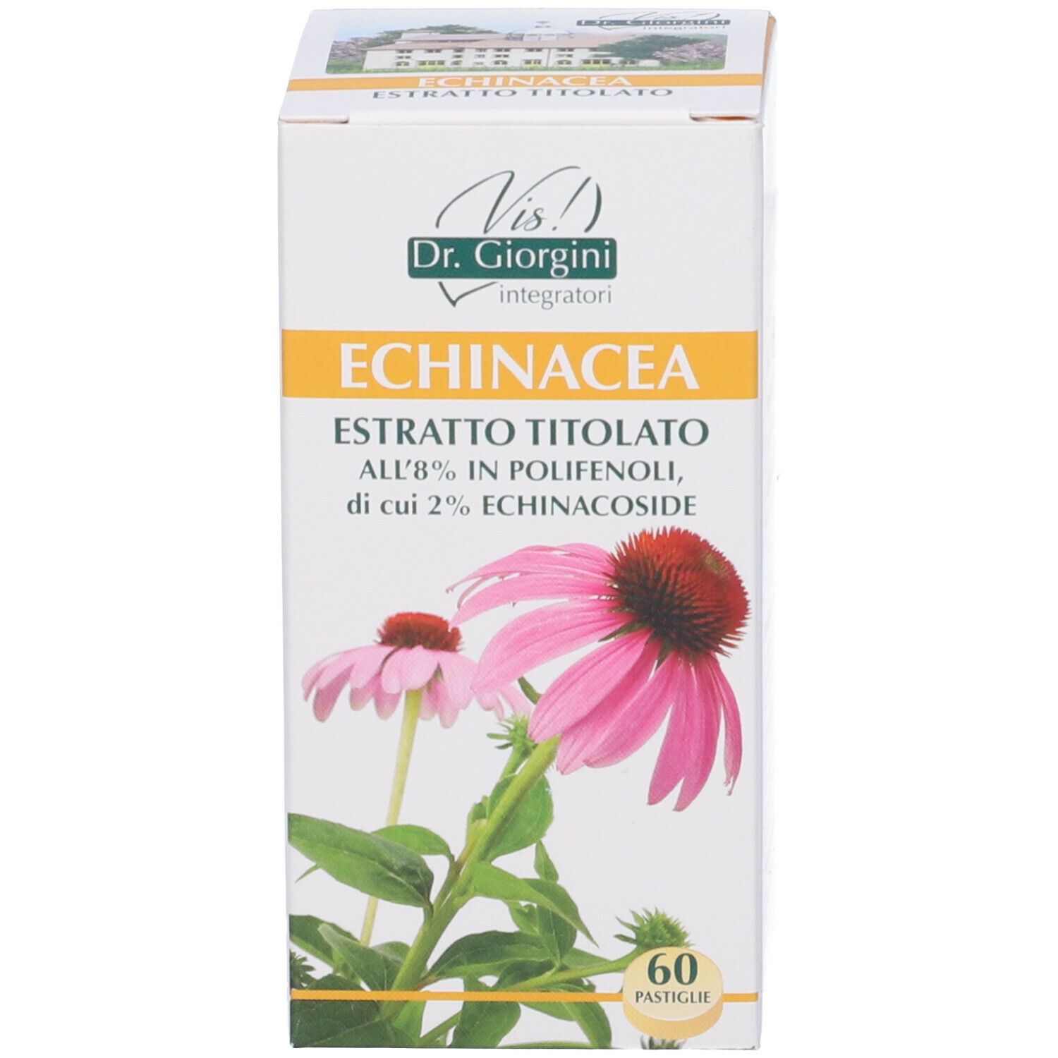 Scatola con nome del prodotto e immagine di un fiore. Scritto: Echinacea Estratto Titolato. 60 Pastiglie.