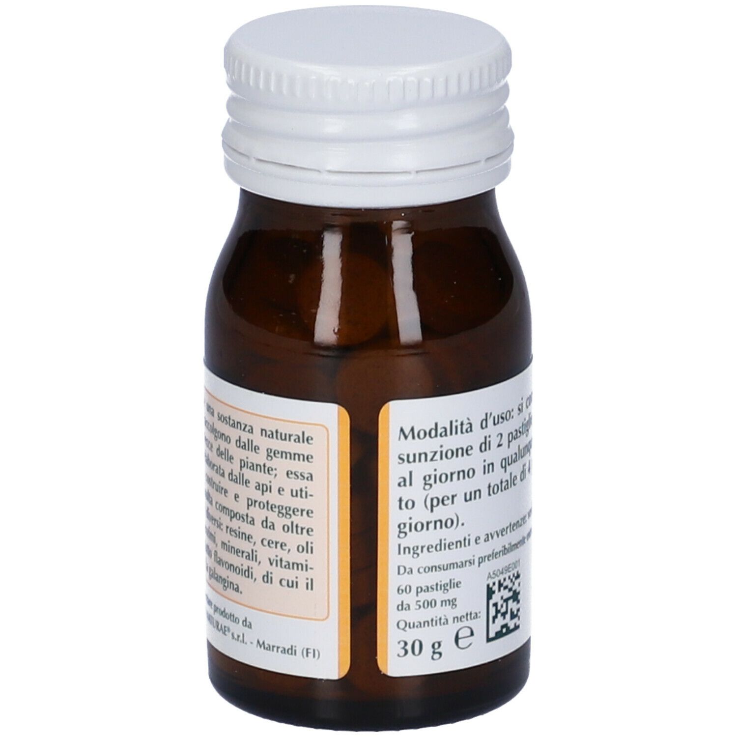 Flacone in vetro marrone, tappo bianco. Etichetta con informazioni. Scritta: PROPOLI, Estratto Titolato. 60 Pastiglie, 30 g.