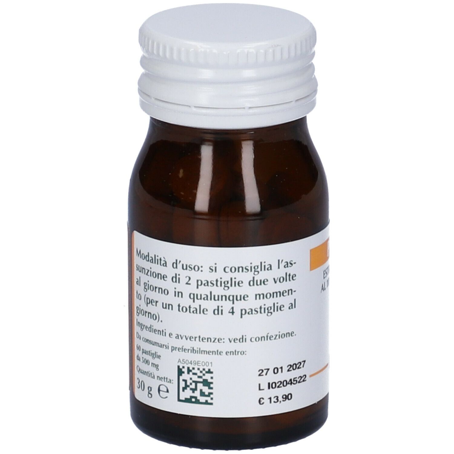 Flacone in vetro marrone, tappo bianco. Scritta: PROPOLI, Estratto Titolato, Dr. Giorgini. Etichetta con informazioni. 60 Pastiglie, 30 g.