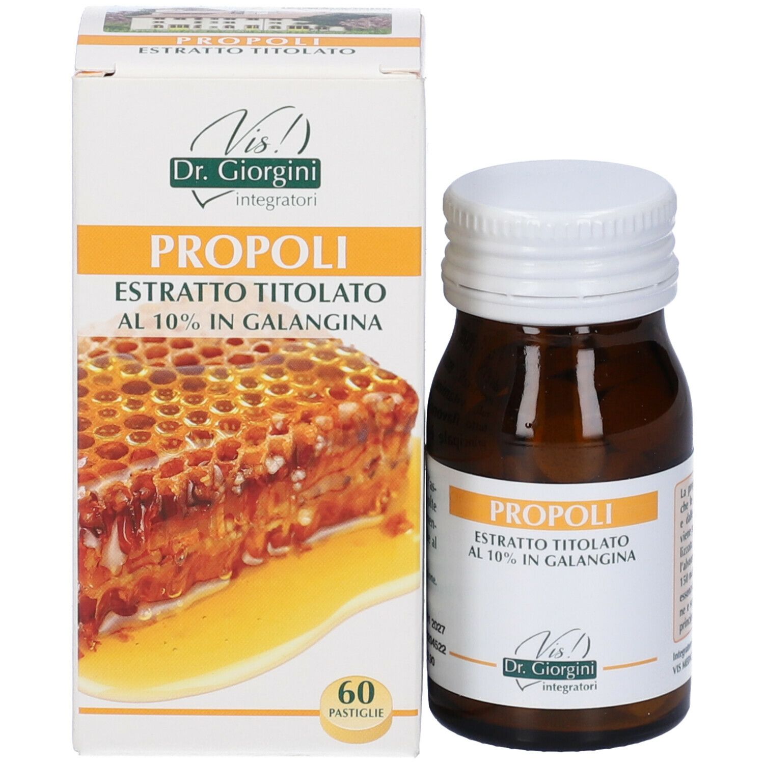 Flacone in vetro marrone, tappo bianco, scatola. Scritta: PROPOLI, Estratto Titolato, Dr. Giorgini. Favo sulla scatola.