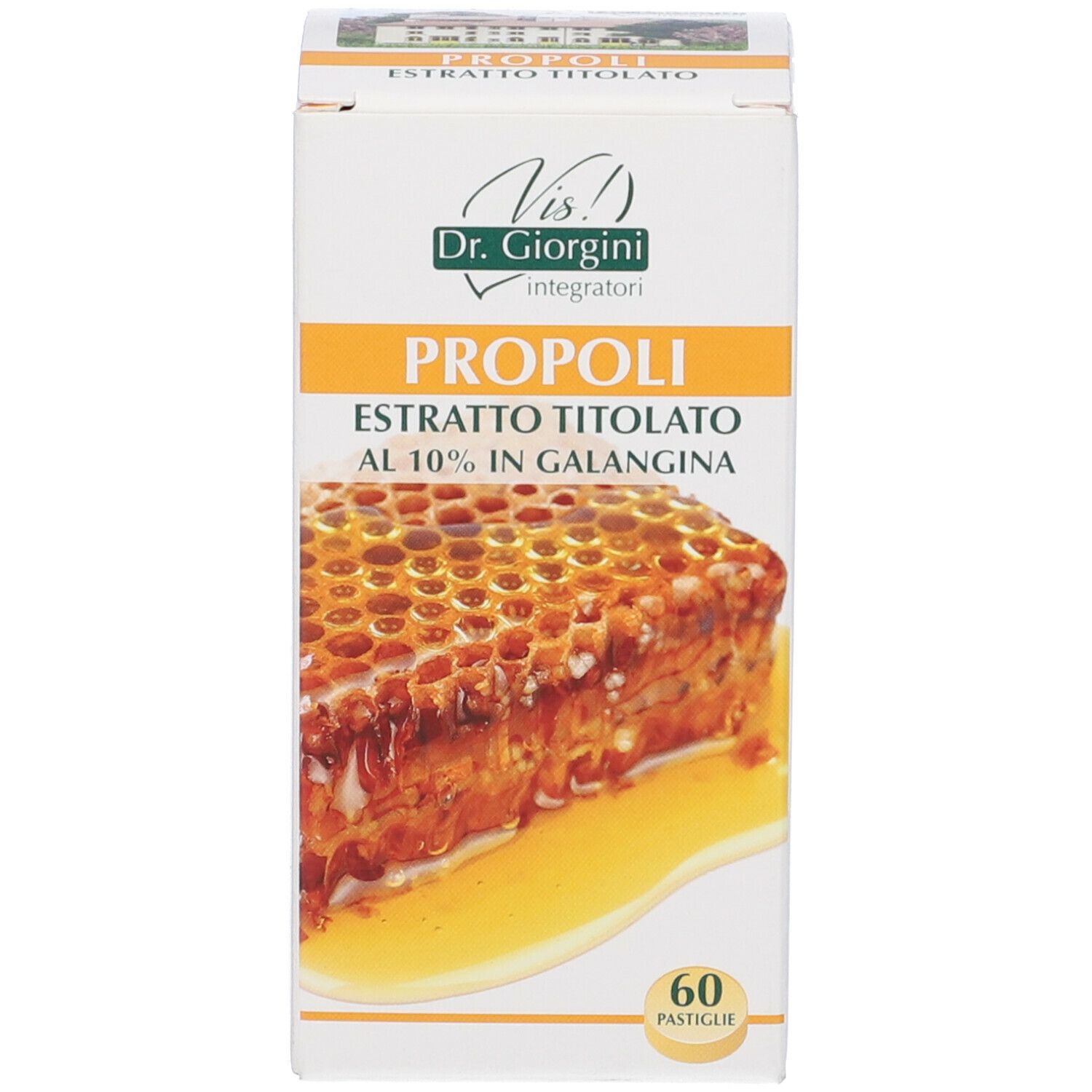 Scatola con scritta: PROPOLI, Estratto Titolato, Dr. Giorgini. Favo. 60 Pastiglie.