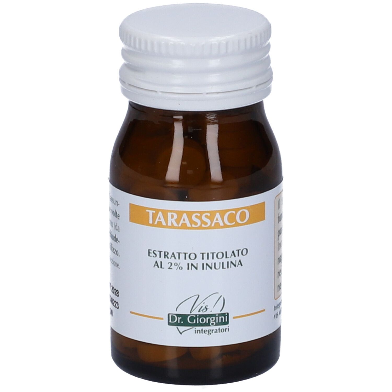 Flacone in vetro marrone con tappo bianco. Etichetta con nome del prodotto e ingredienti.