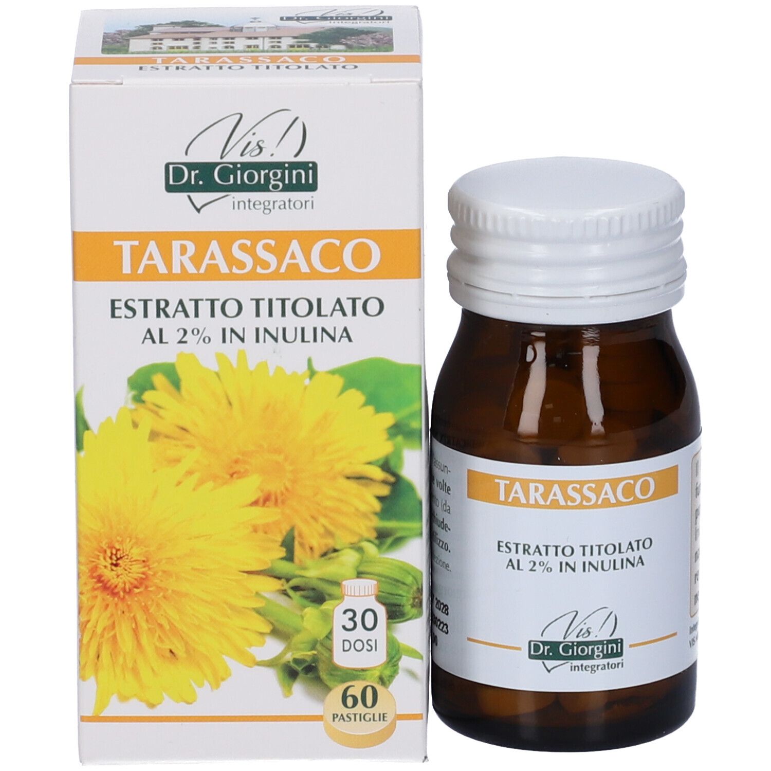 Flacone in vetro marrone con tappo bianco e scatola. Sulla scatola: nome del prodotto, fiori gialli e 60 pastiglie.