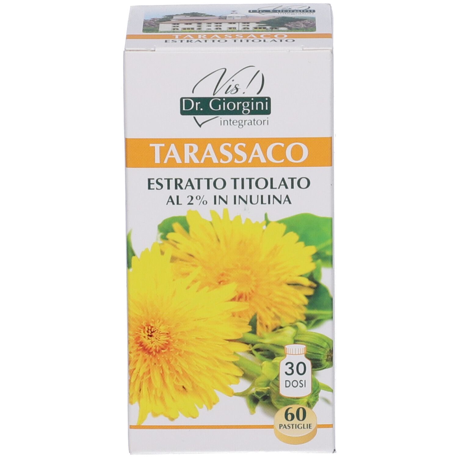 Scatola con informazioni sul prodotto e fiori gialli. Contiene 60 pastiglie.