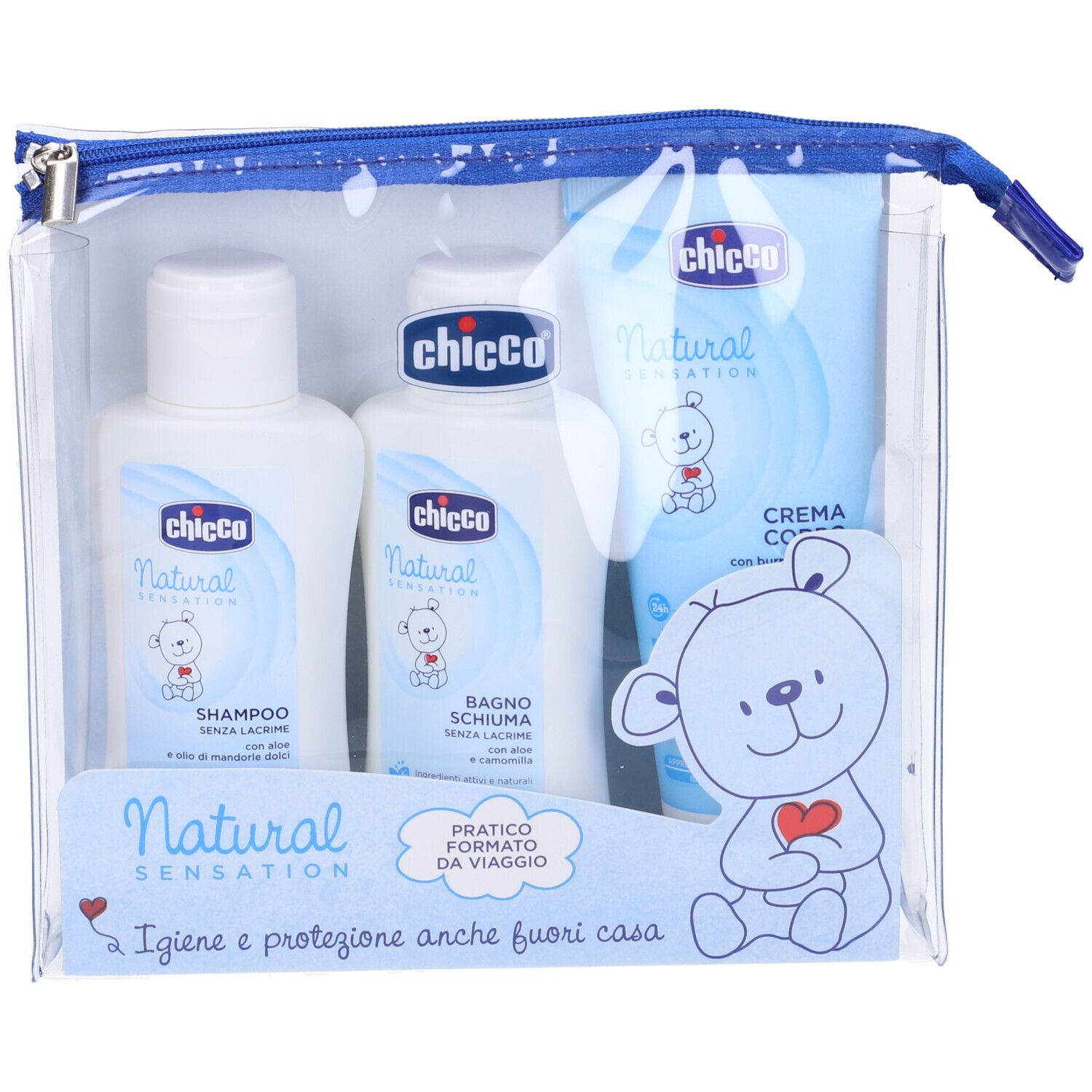 Set di prodotti per l'infanzia in trousse trasparente. Include shampoo, bagnoschiuma e crema. Dettagli blu e zip.
