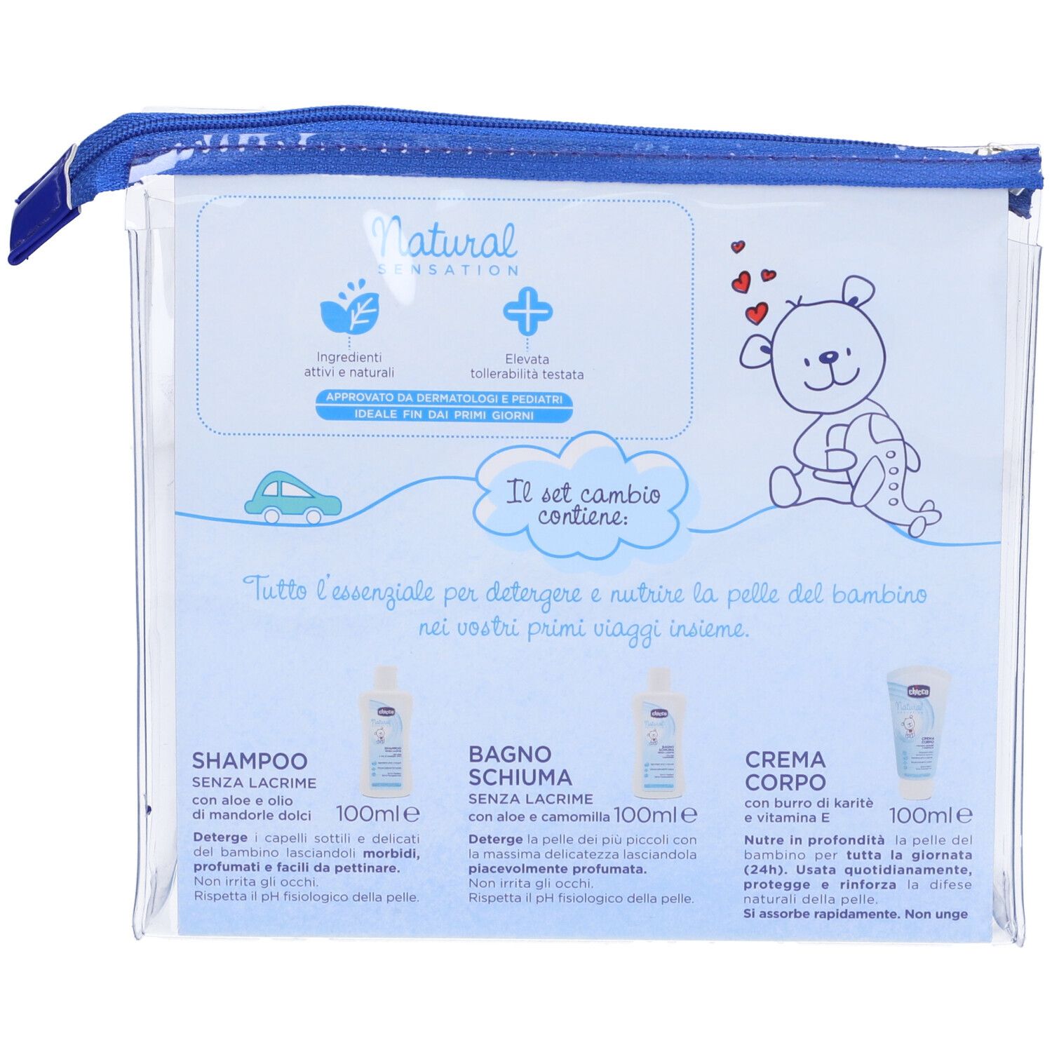 Retro di un set di prodotti per l'infanzia. Informazioni, ingredienti e dettagli d'uso. Accenti blu e illustrazioni.