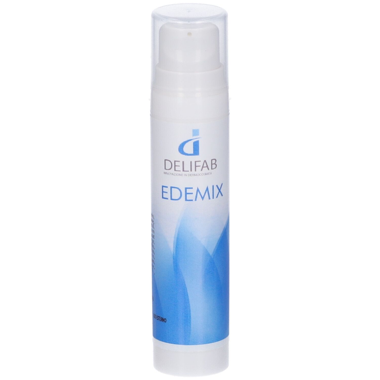 Flacone bianco con erogatore. Scritta: Delifab Edemix. Grafica blu.