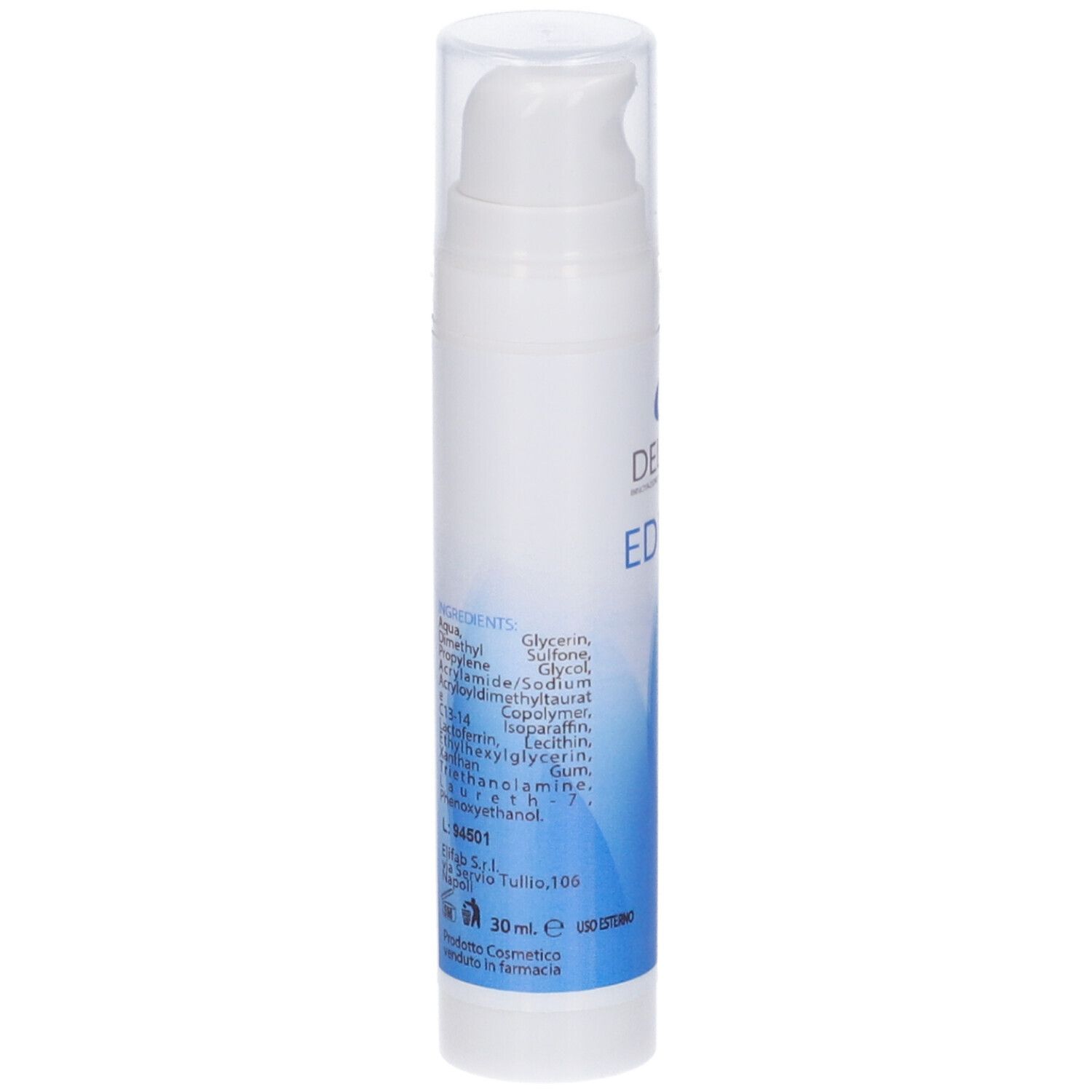Flacone bianco con erogatore. Scritta: Delifab Edemix. Grafica blu.