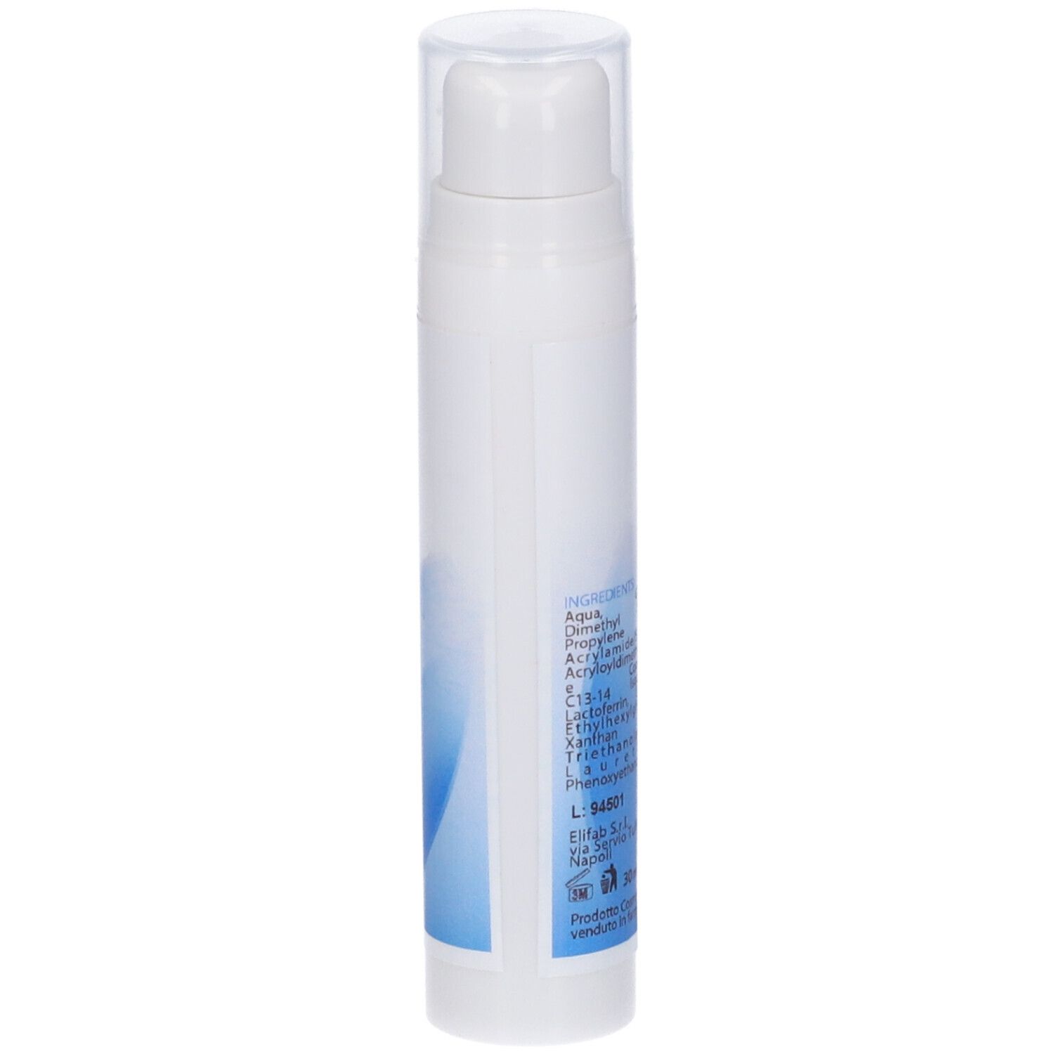 Flacone bianco con erogatore. Scritta: Delifab Edemix. Grafica blu.