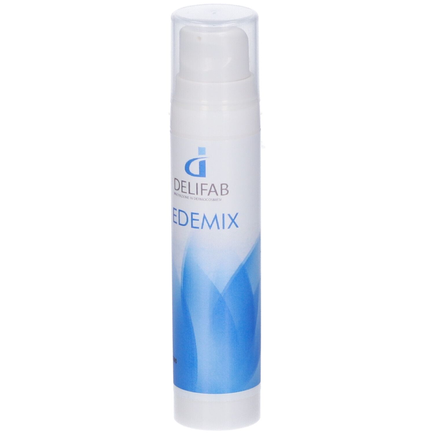 Flacone bianco con erogatore. Scritta: Delifab Edemix. Grafica blu.