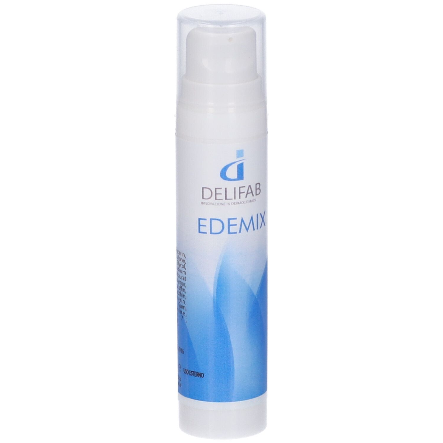 Flacone bianco con erogatore. Scritta: Delifab Edemix. Grafica blu.