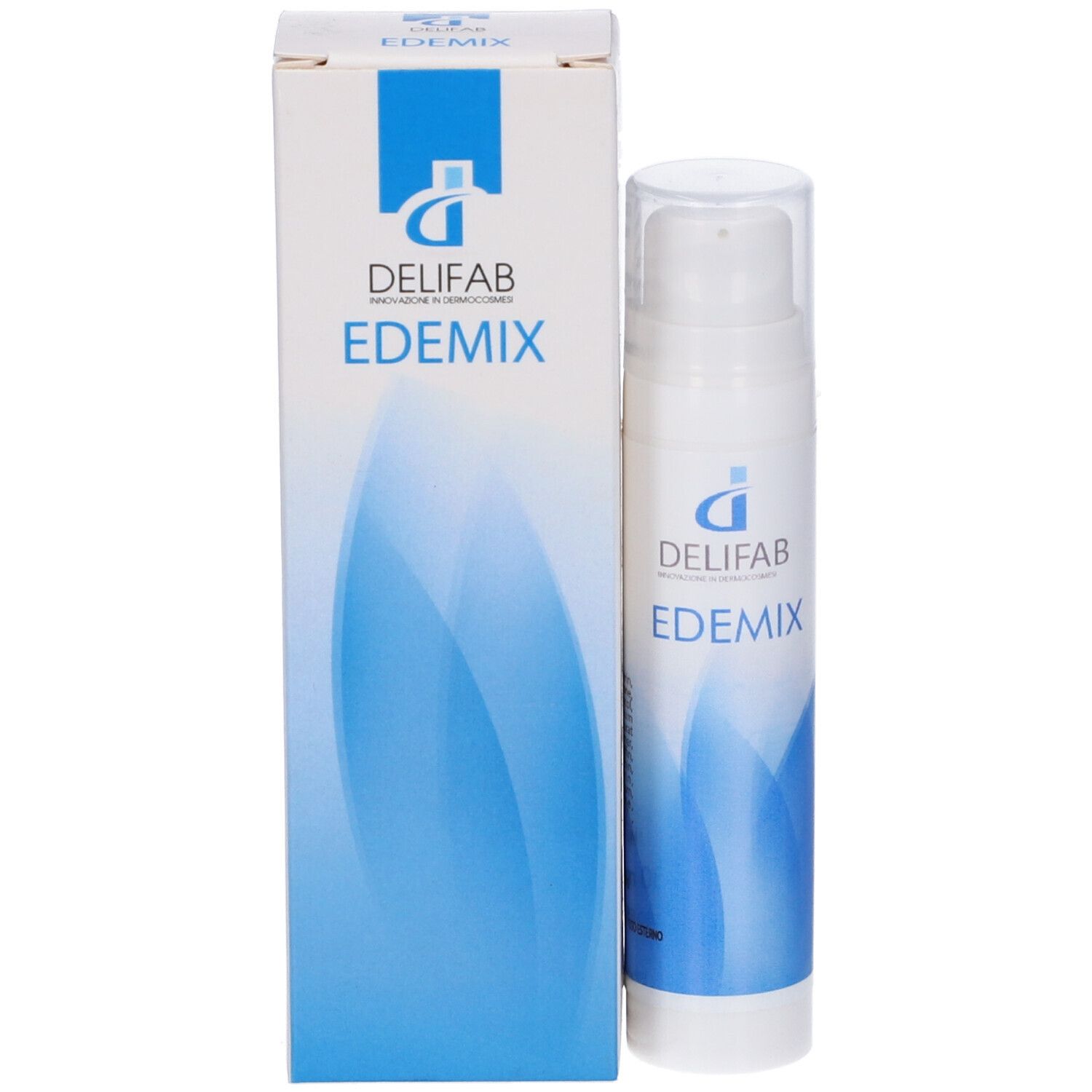 Flacone bianco con erogatore. Scritta: Delifab Edemix. Grafica blu.