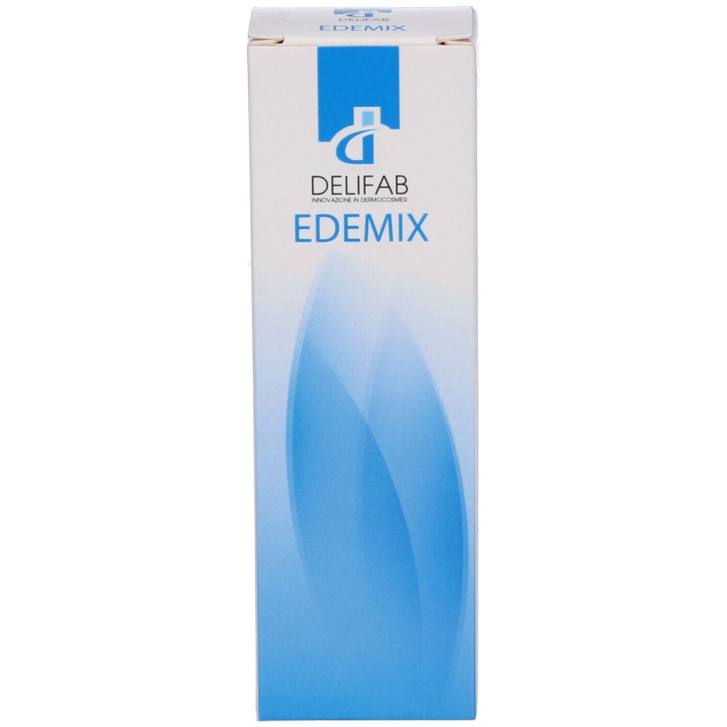 Scatola con scritta: Delifab Edemix. Grafica blu.