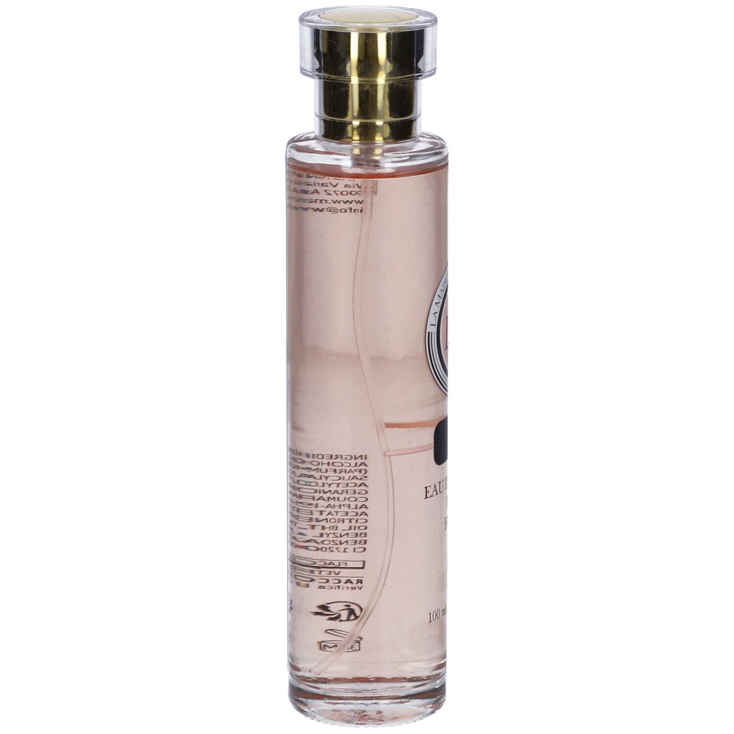 Flacone di profumo con tappo dorato. Scritta: 2, Eau de Parfum pour Femme.