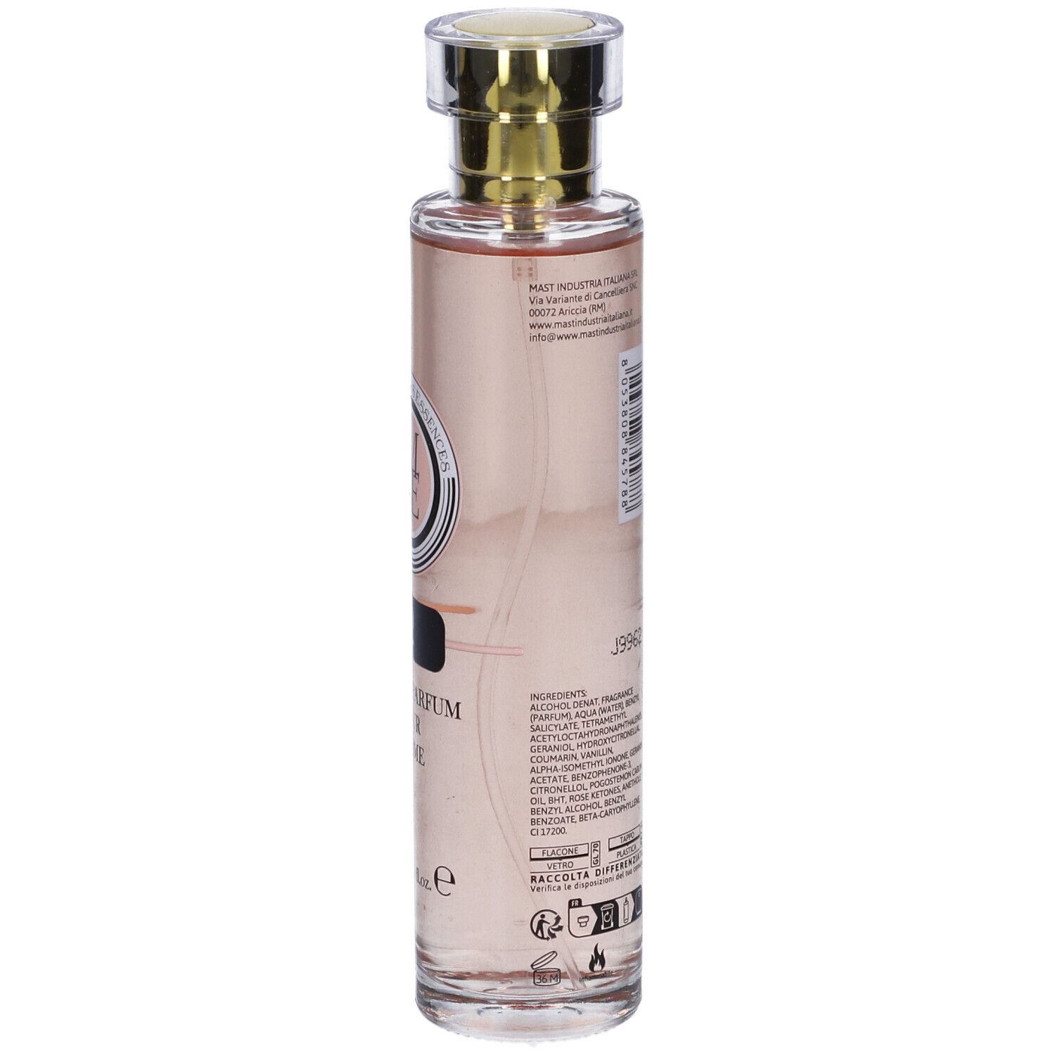 Flacone di profumo con tappo dorato. Scritta: 2, Eau de Parfum pour Femme.