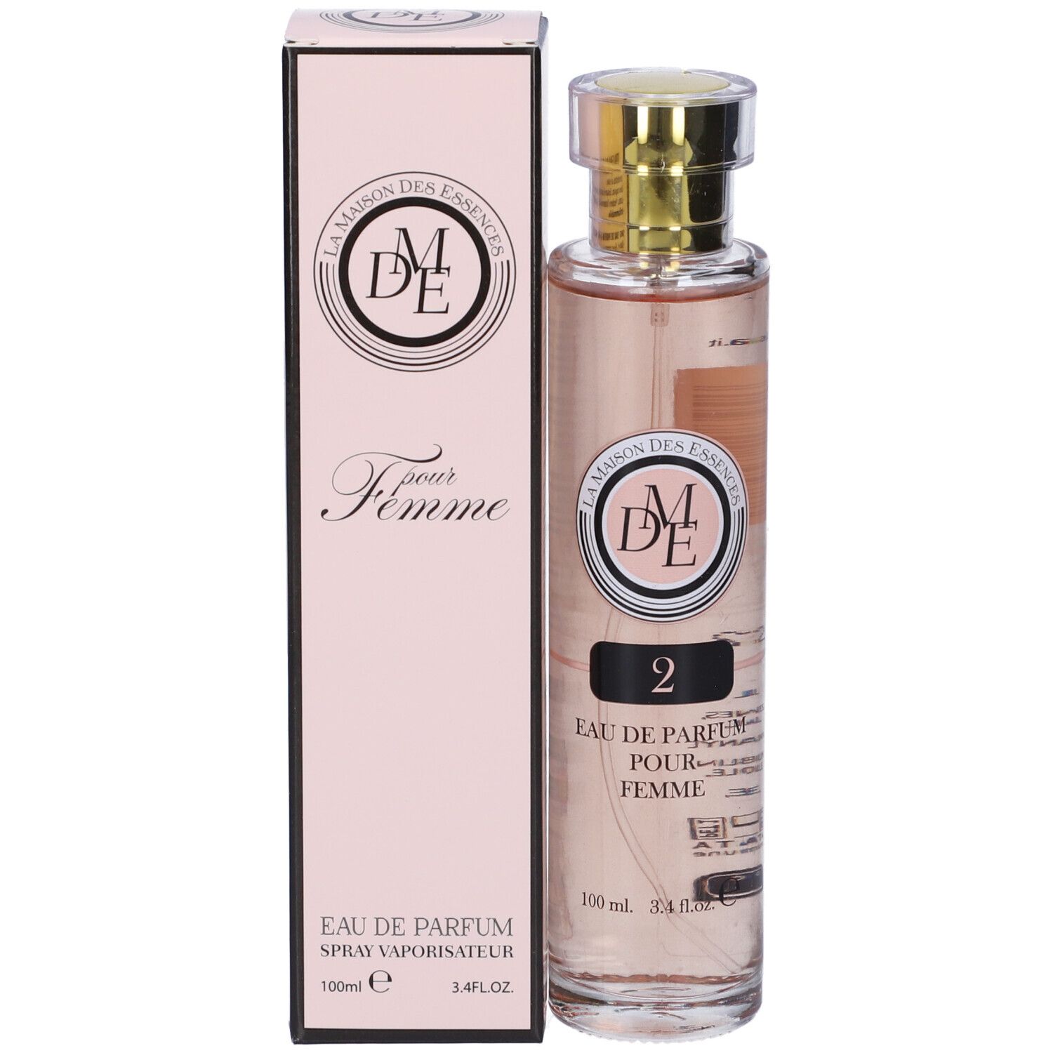 Flacone di profumo e confezione. Scritta: 2, Eau de Parfum pour Femme.