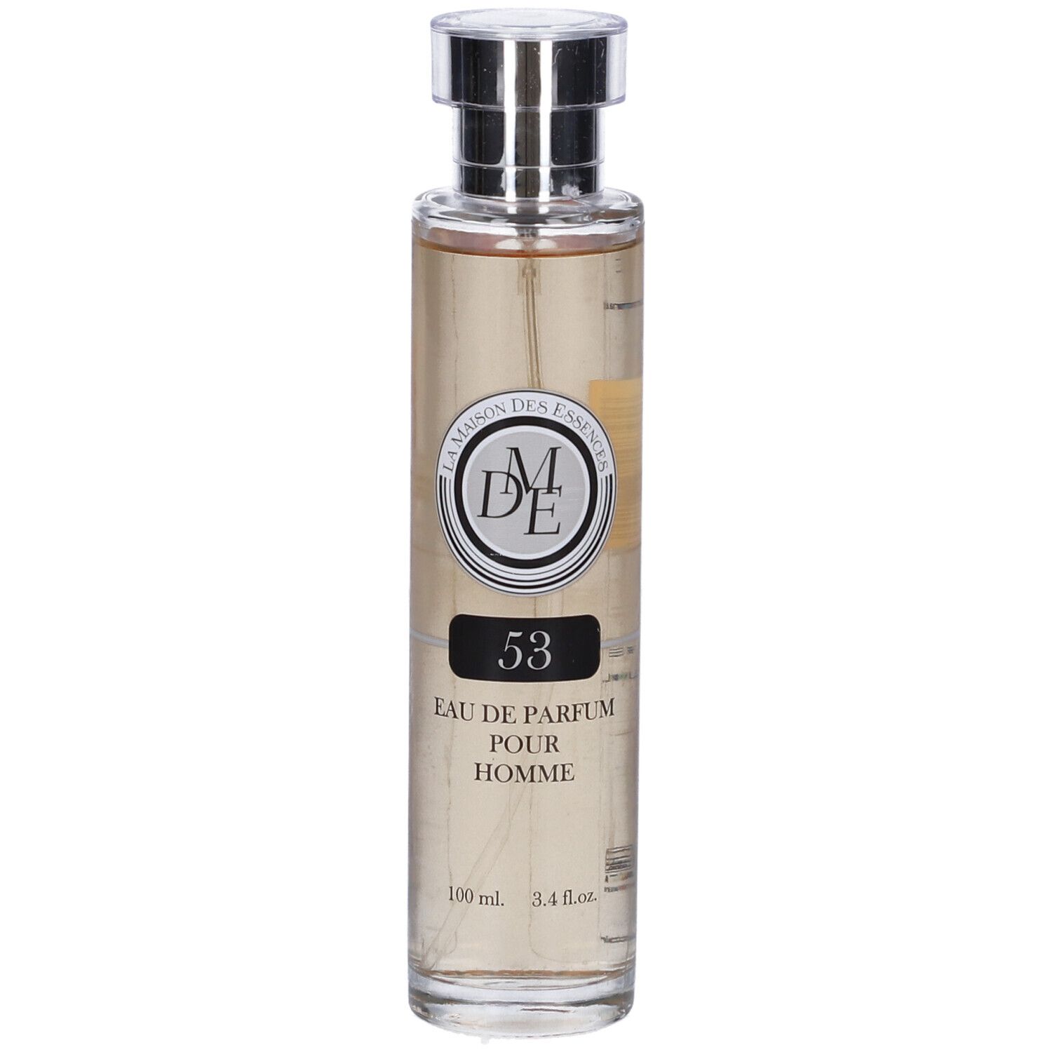 Flacone di profumo con tappo argentato. Scritta: 53 Eau de Parfum Pour Homme. Marchio: La Maison Des Essences.