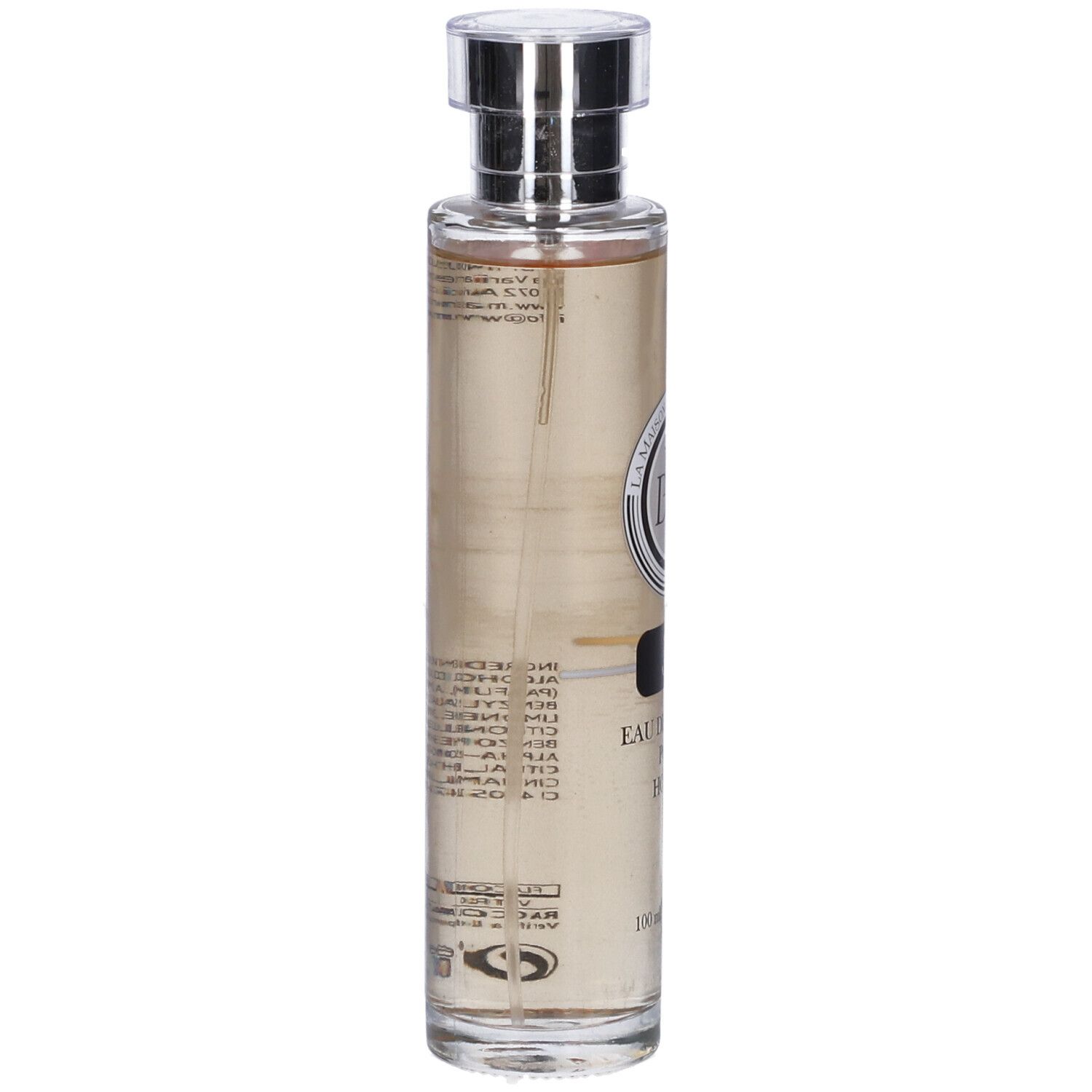 Flacone di profumo con tappo argentato. Scritta: 53 Eau de Parfum Pour Homme. Marchio: La Maison Des Essences.