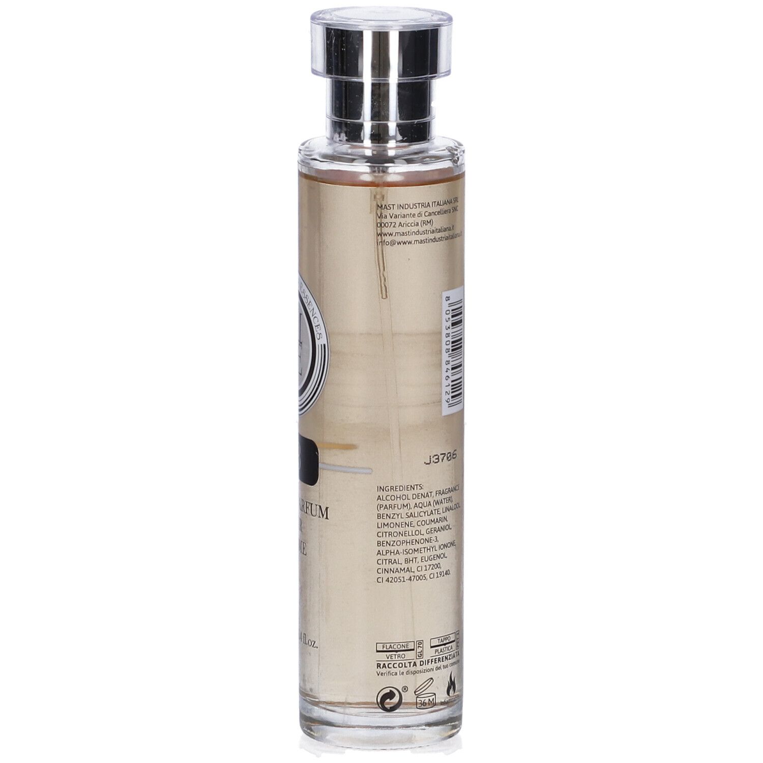 Flacone di profumo con tappo argentato. Scritta: 53 Eau de Parfum Pour Homme. Marchio: La Maison Des Essences.