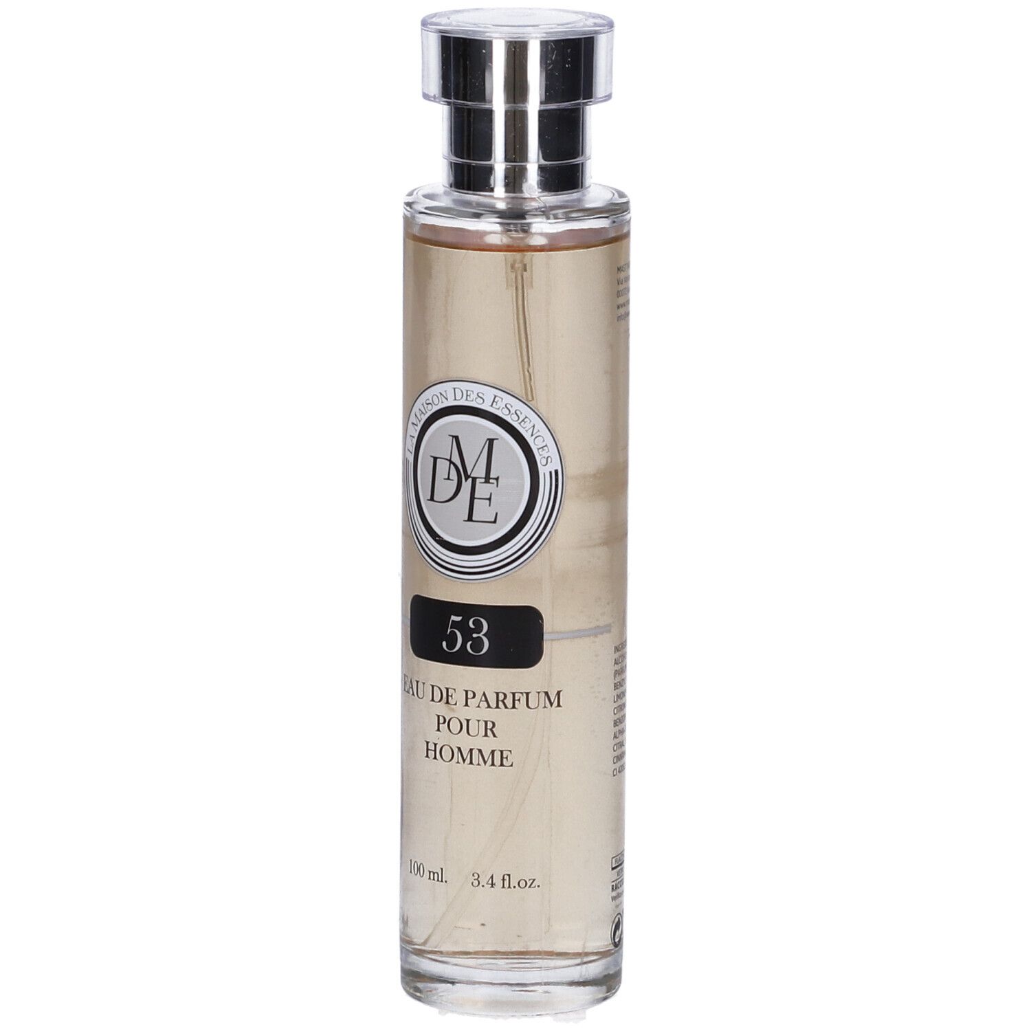 Flacone di profumo con tappo argentato. Scritta: 53 Eau de Parfum Pour Homme. Marchio: La Maison Des Essences.