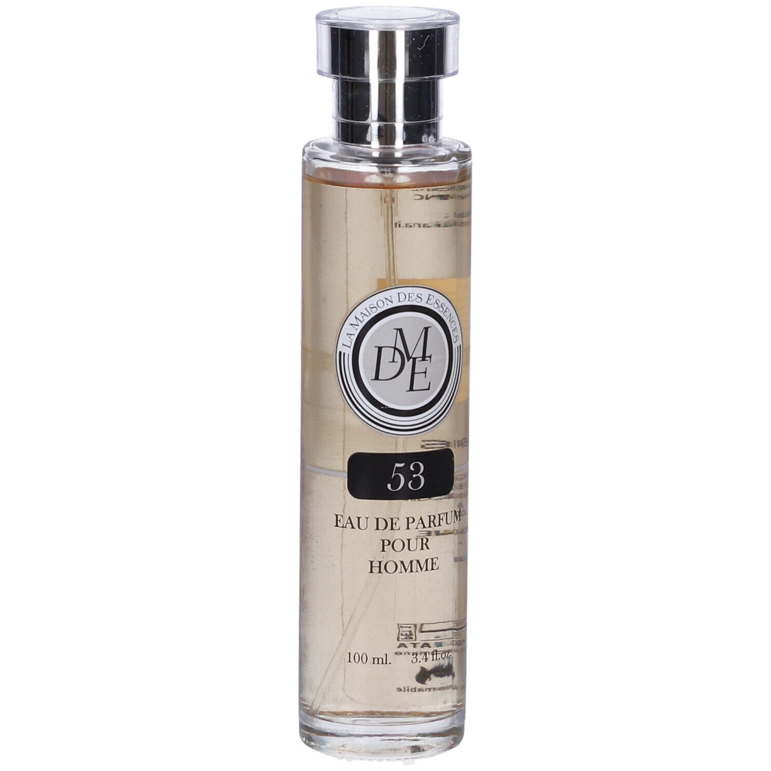 Flacone di profumo con tappo argentato. Scritta: 53 Eau de Parfum Pour Homme. Marchio: La Maison Des Essences.