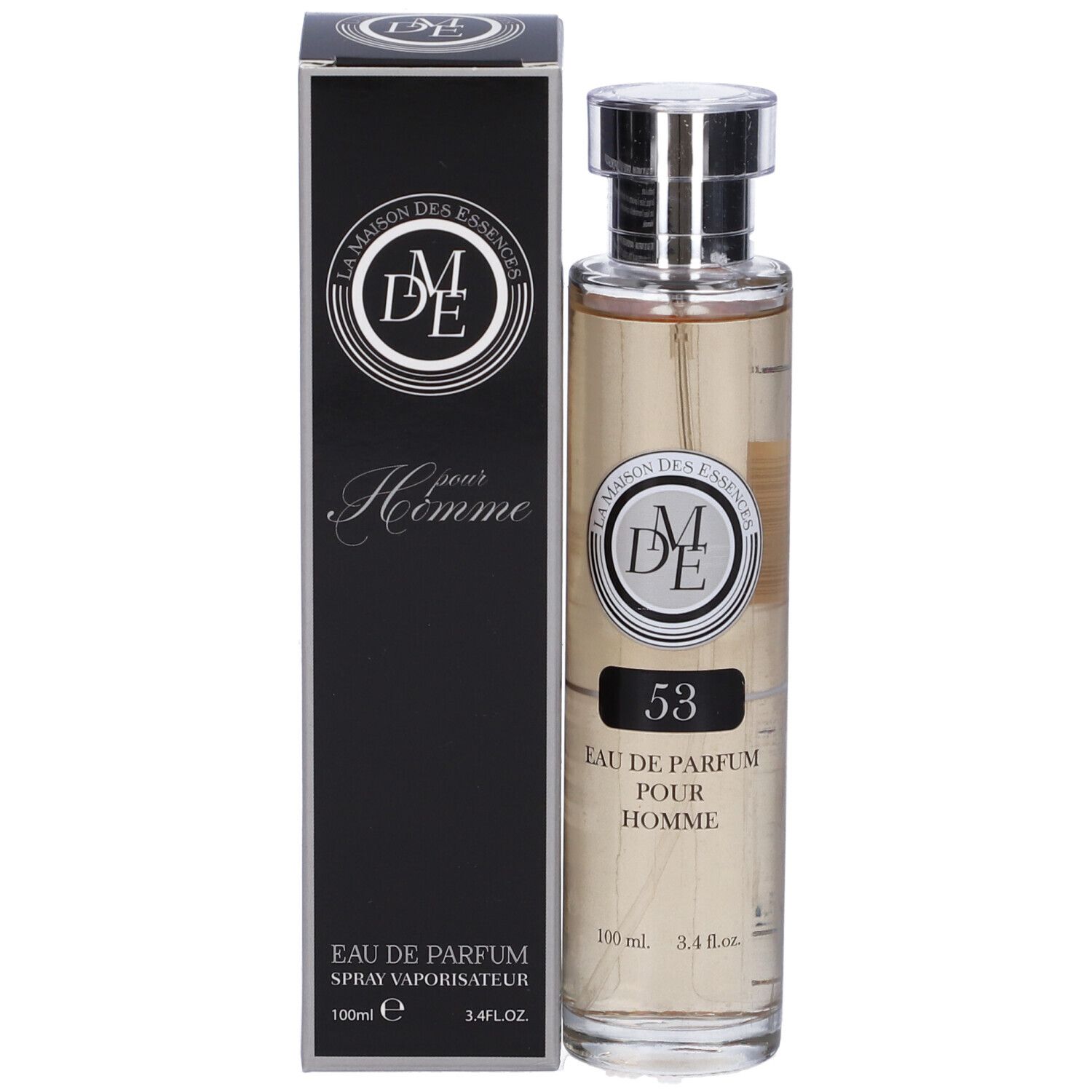 Flacone di profumo e scatola. Scritta: 53 Eau de Parfum Pour Homme. Marchio: La Maison Des Essences.