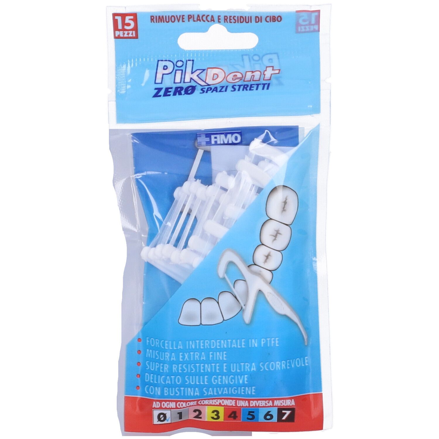 Confezione di 15 forcelle interdentali Pikdent Zero Spazi Stretti. Confezione blu con testo e illustrazione dentale.