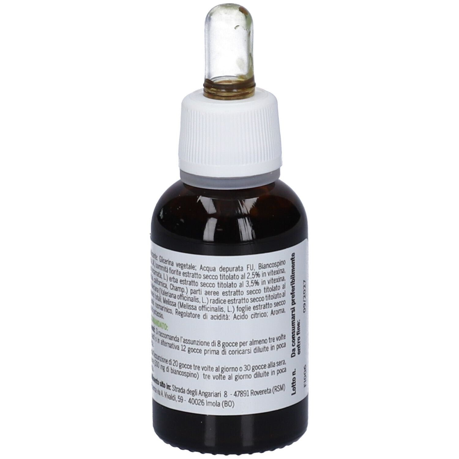 Flacone di vetro marrone con tappo bianco e contagocce. Etichetta con nome ANSICOR e ingredienti.