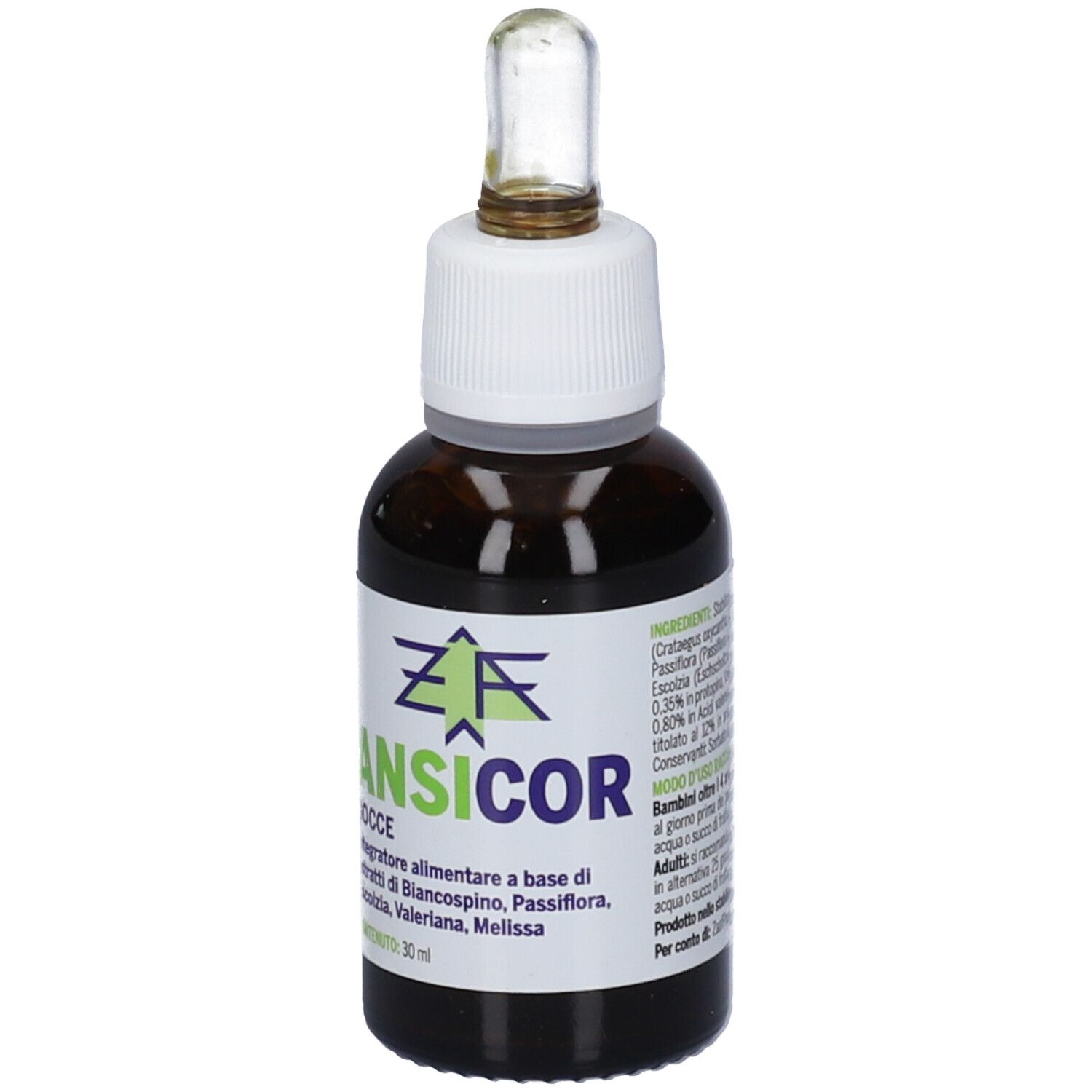 Flacone di vetro marrone con tappo bianco e contagocce. Etichetta con nome ANSICOR e ingredienti.