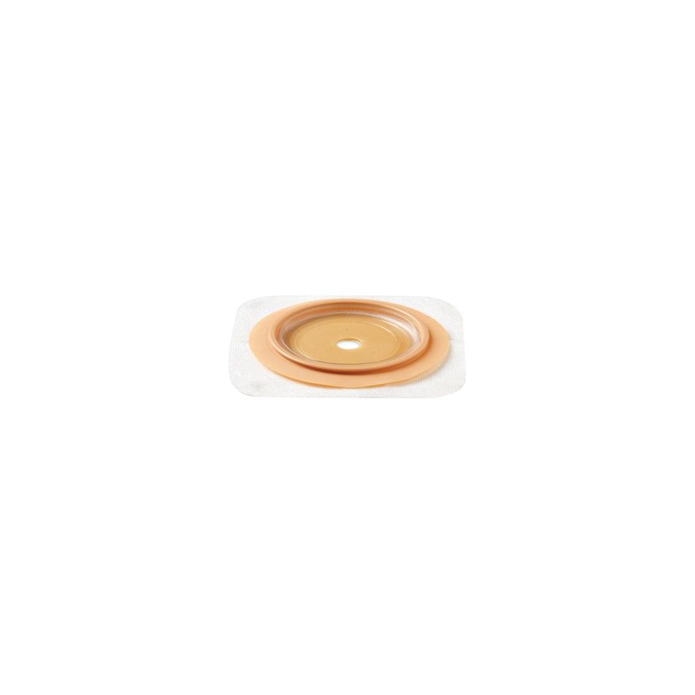 Placca base rotonda beige con apertura centrale. Su sfondo bianco. Diversi strati, probabilmente per uso medico.