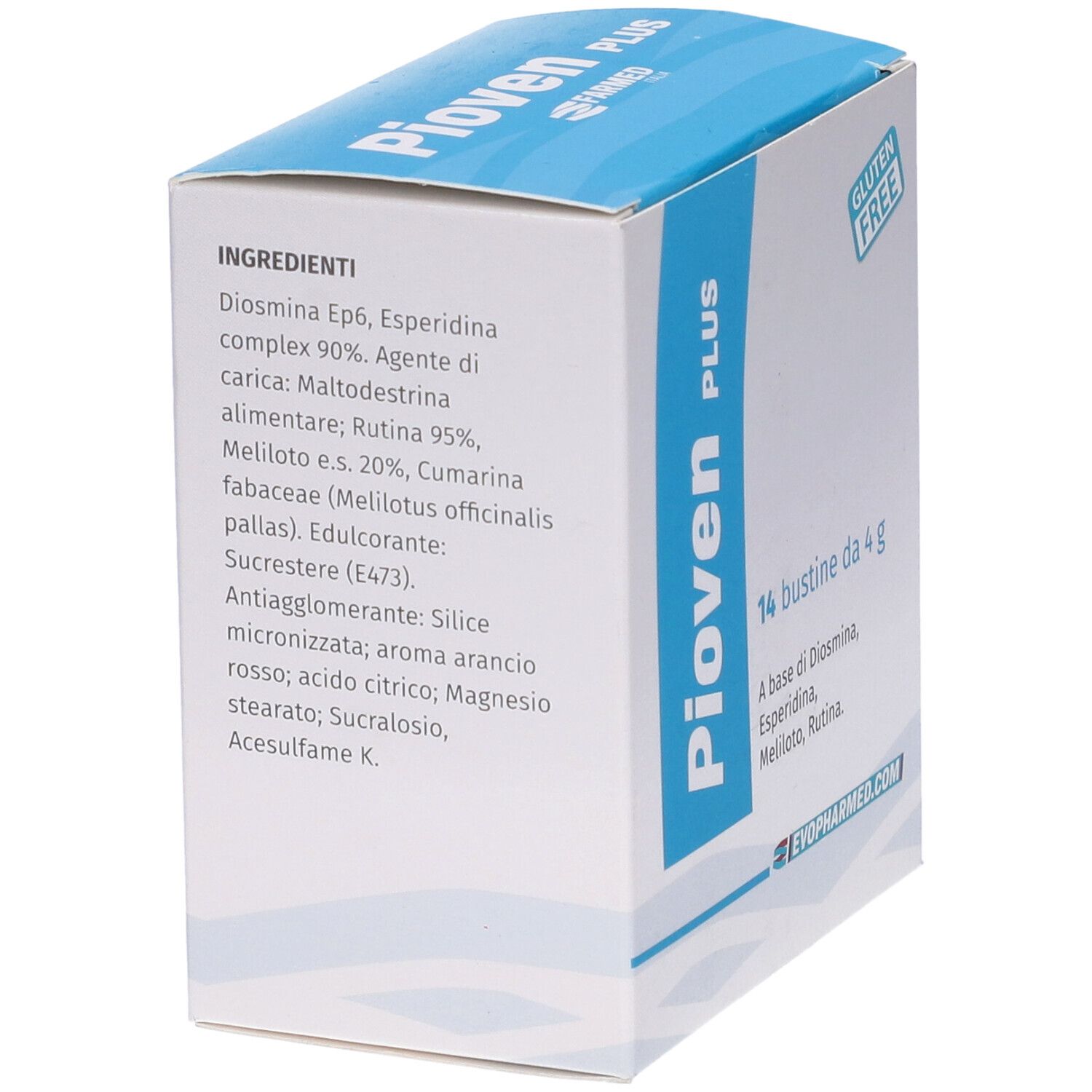 Scatola con elenco ingredienti: Diosmina, Esperidina, Rutina, etc. Contiene dolcificante. Testo in italiano.