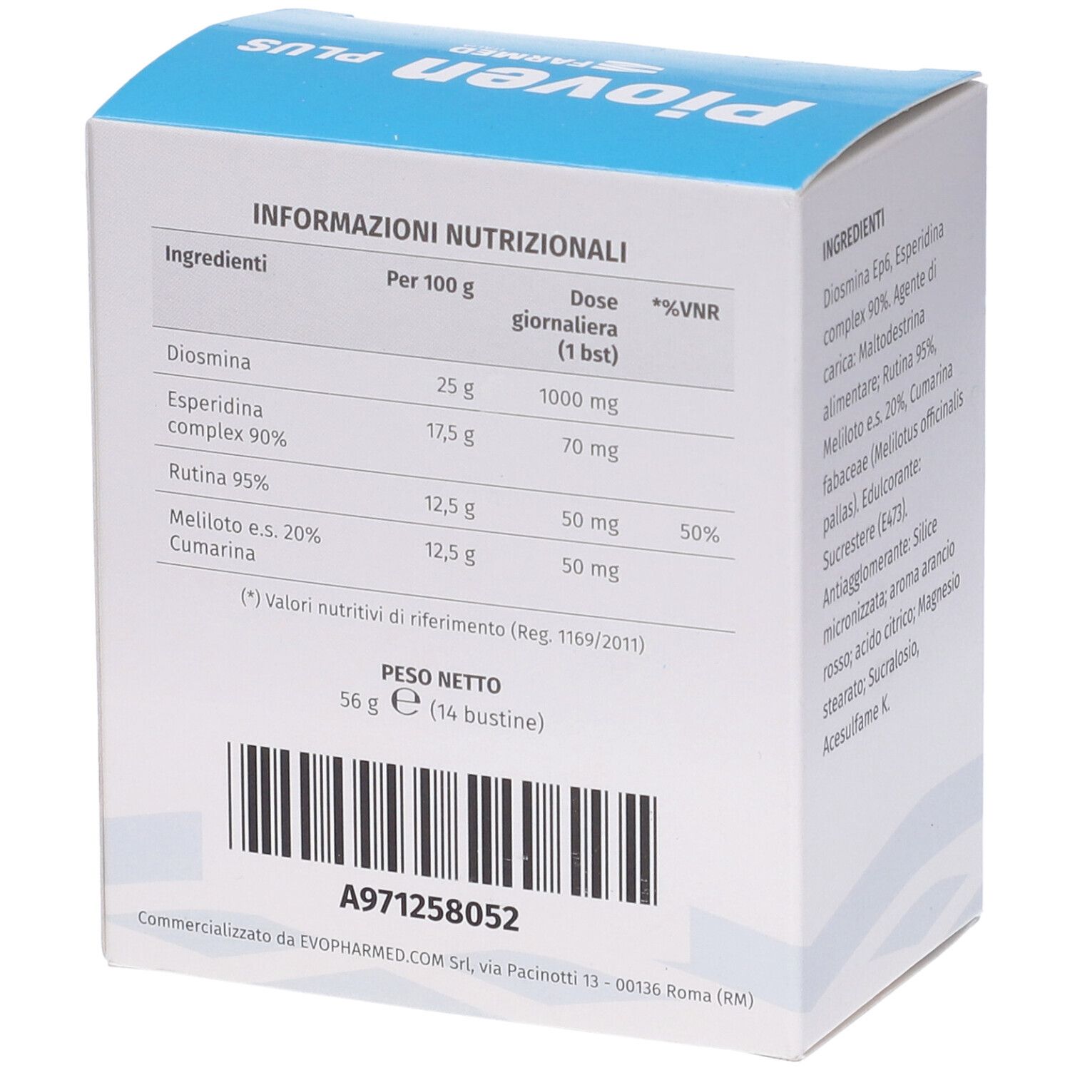 Scatola con informazioni nutrizionali per 100g e dose giornaliera. Contiene Diosmina, Esperidina, Rutina. Testo in italiano.