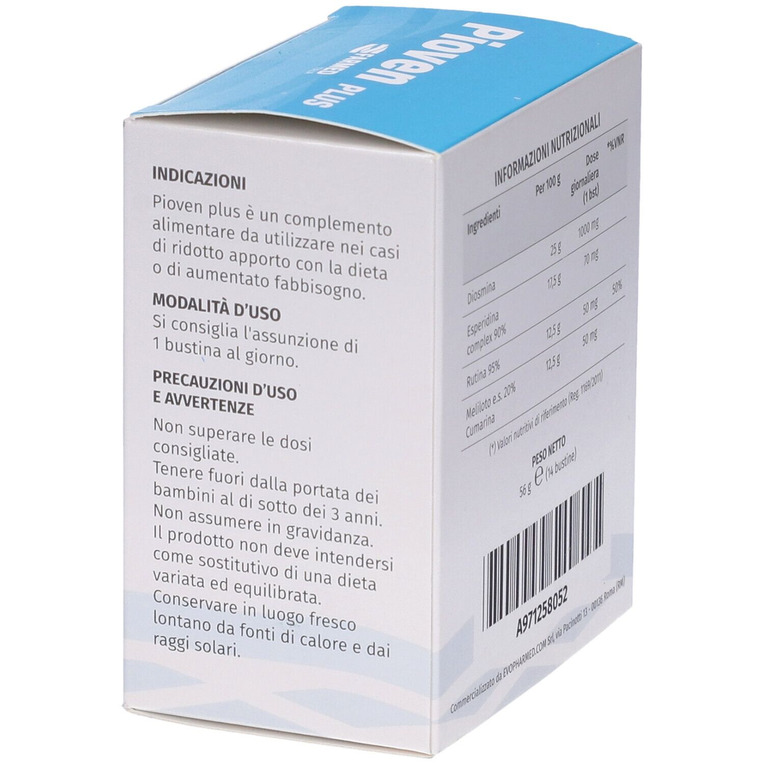 Scatola con istruzioni per l'uso e avvertenze. Testo in italiano. Contiene "Pioven Plus".