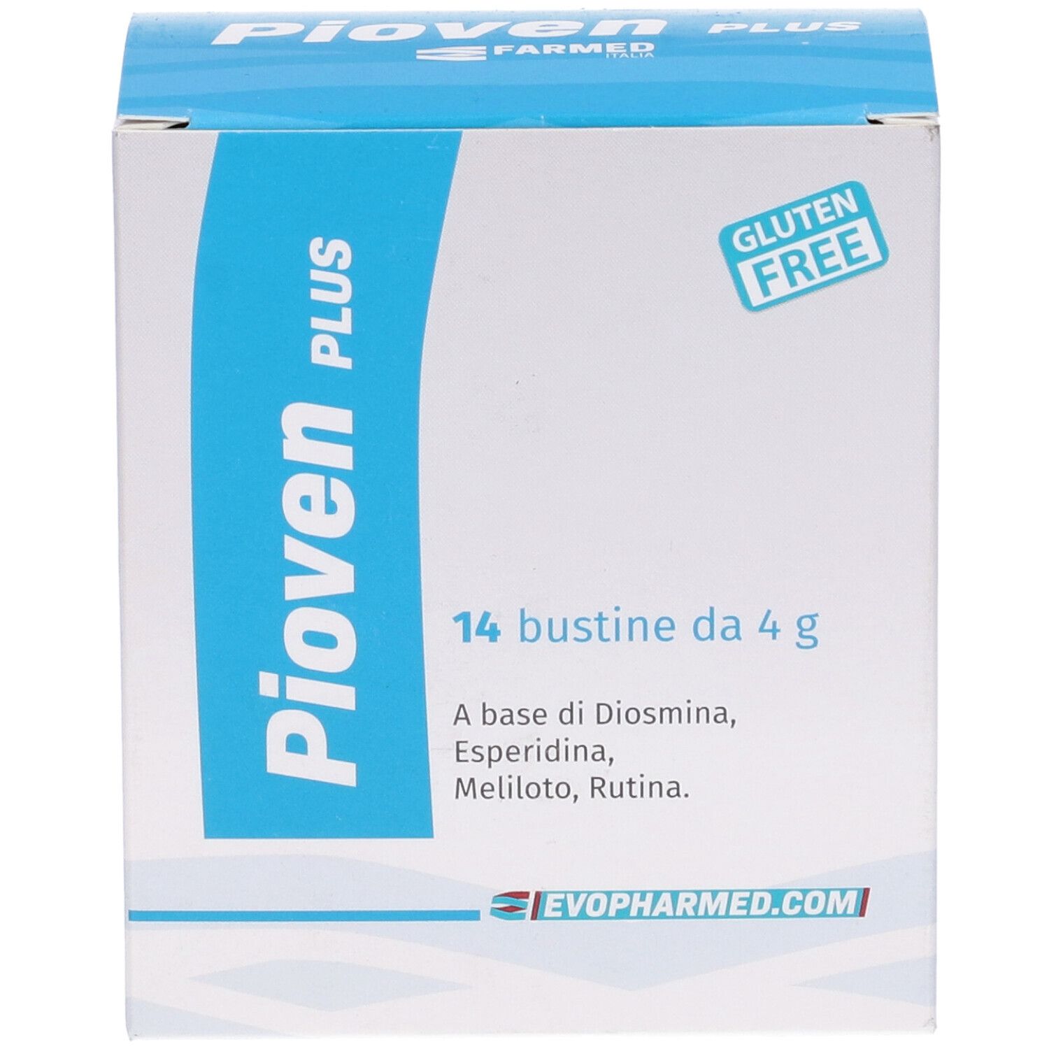 Scatola "Pioven Plus", 14 bustine, senza glutine. Contiene Diosmina, Esperidina, Rutina. Testo in italiano.