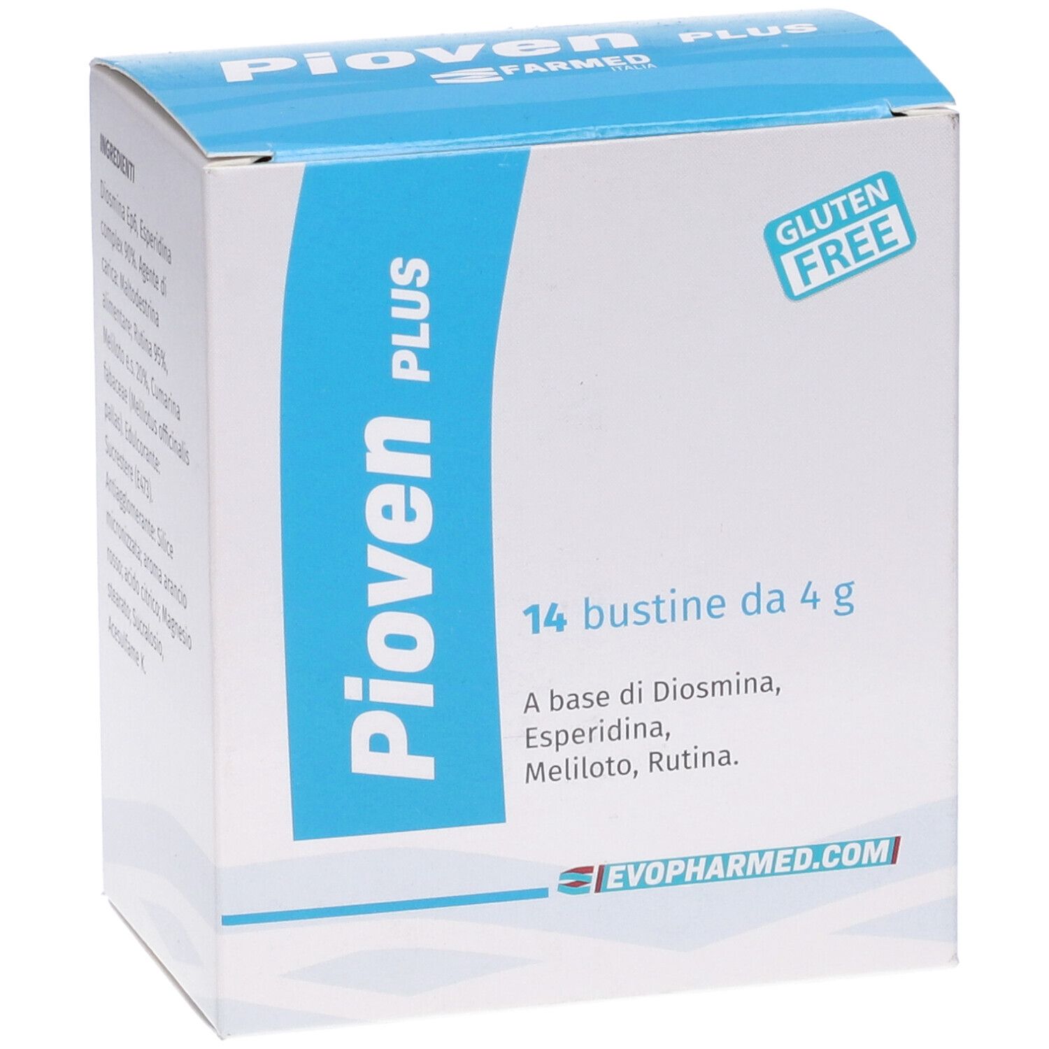 Scatola "Pioven Plus", 14 bustine, senza glutine. Contiene Diosmina, Esperidina, Rutina. Testo in italiano.