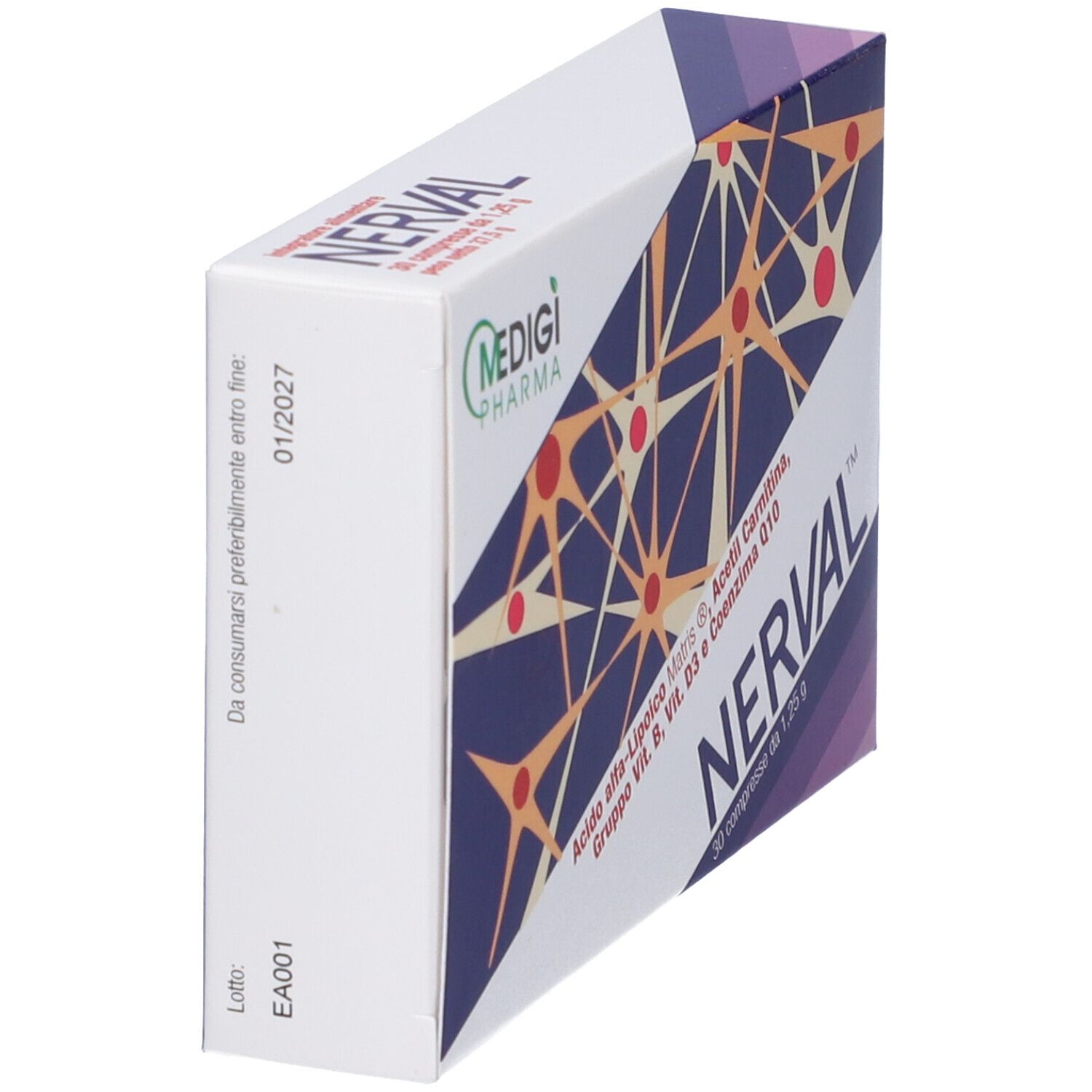 Vista obliqua della confezione Nerval. Contiene 30 compresse. Con logo Medigi Pharma. Da consumare preferibilmente entro 01/2027.