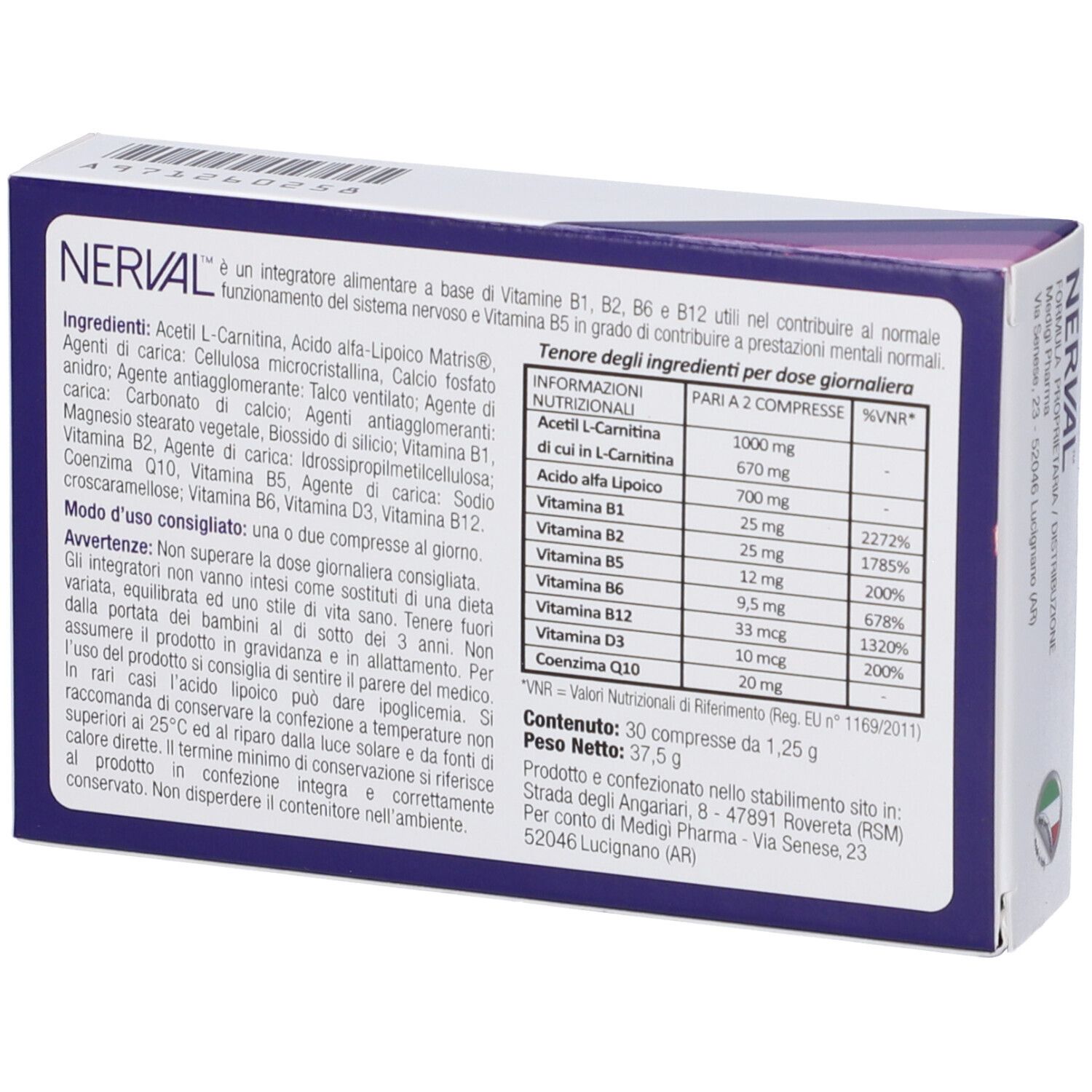 Retro della confezione Nerval. Contiene informazioni sugli ingredienti e i valori nutrizionali. 30 compresse, 1,25 g per compressa.