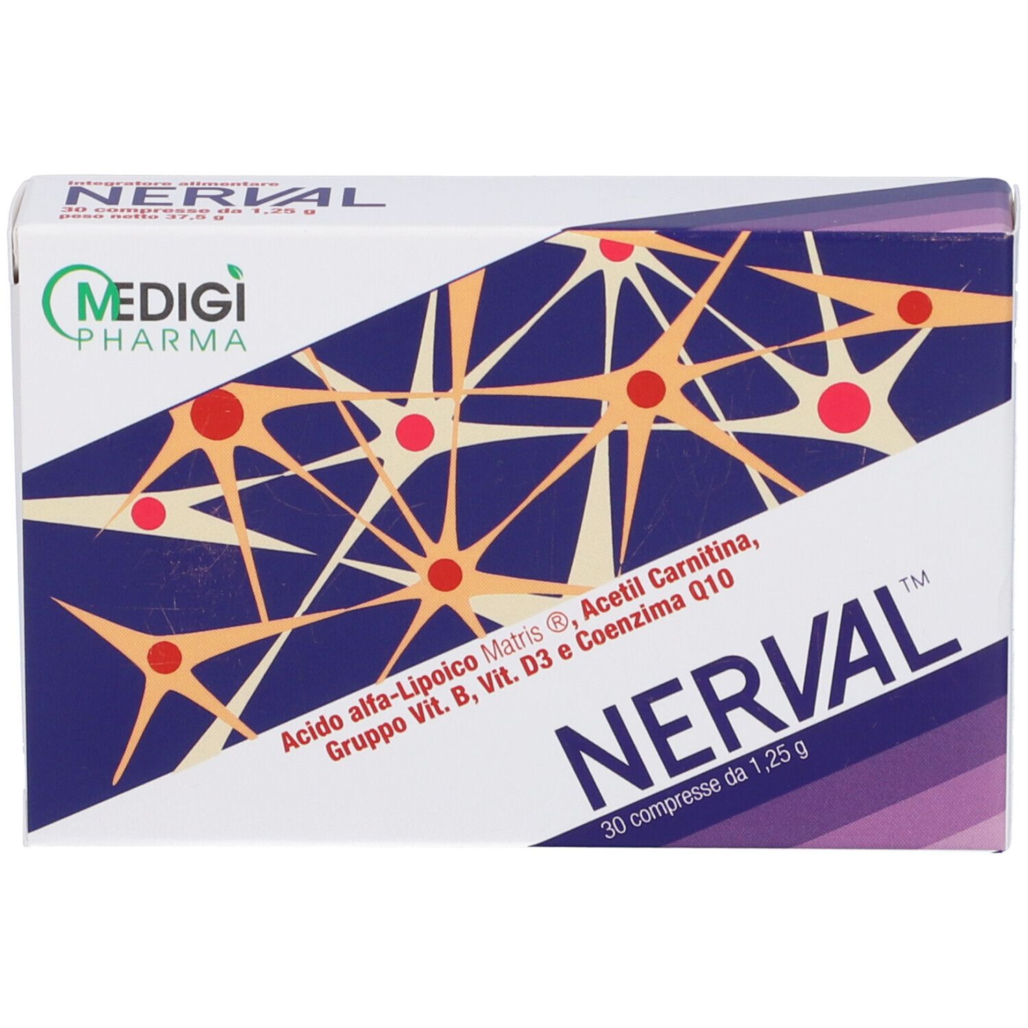 Confezione Nerval, 30 compresse. Contiene Acido alfa-Lipoico Matris, Acetil Carnitina, Vitamine B, D3 e Coenzima Q10. Logo Medigi Pharma.