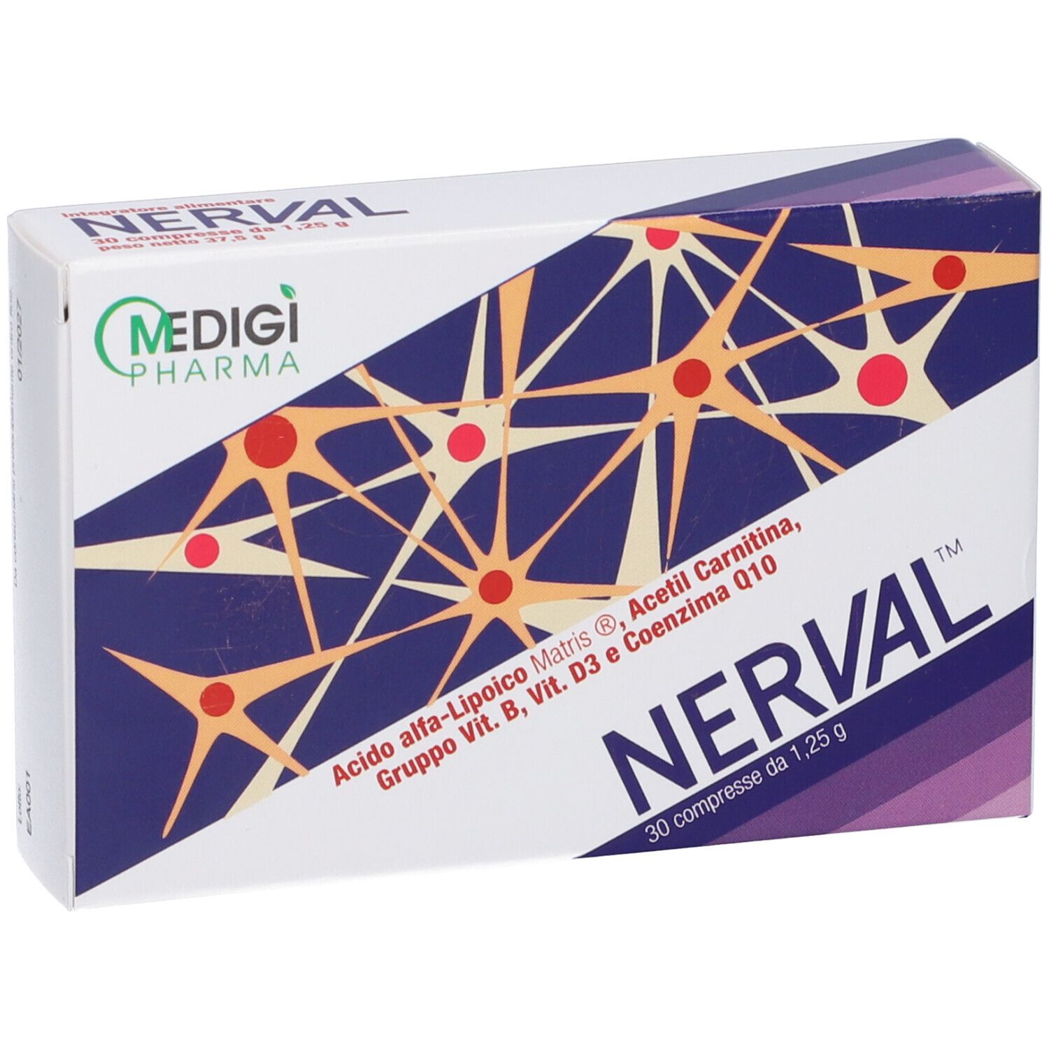Confezione Nerval, 30 compresse. Contiene Acido alfa-Lipoico Matris, Acetil Carnitina, Vitamine B, D3 e Coenzima Q10. Logo Medigi Pharma.