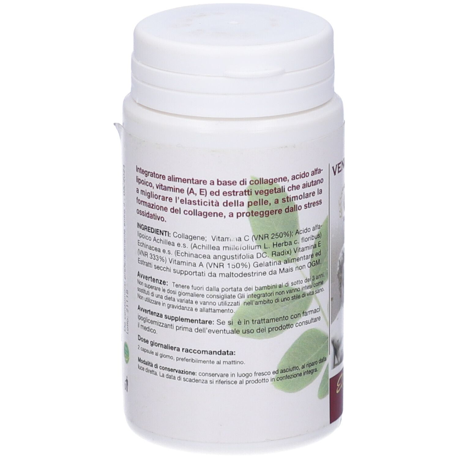 Flacone bianco con testo. Striscia rossa. Lista ingredienti e avvertenze.